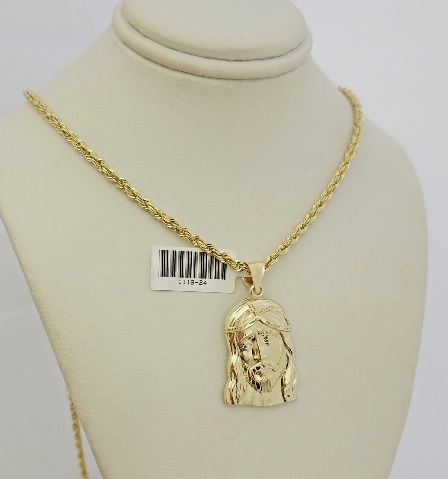 Real 10k Gold Rope Chain Jesus Head Charm Pendant Set 3mm Necklace 24 Inch SOLID - Image 5