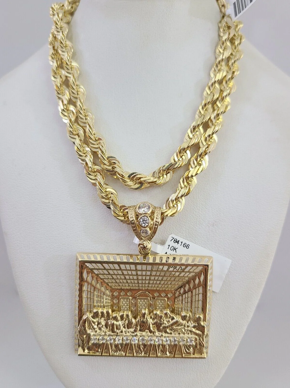 REAL 10k Gold Solid Rope Necklace 6mm Last Supper Pendant SET Chain 20"-30'' - Image 2