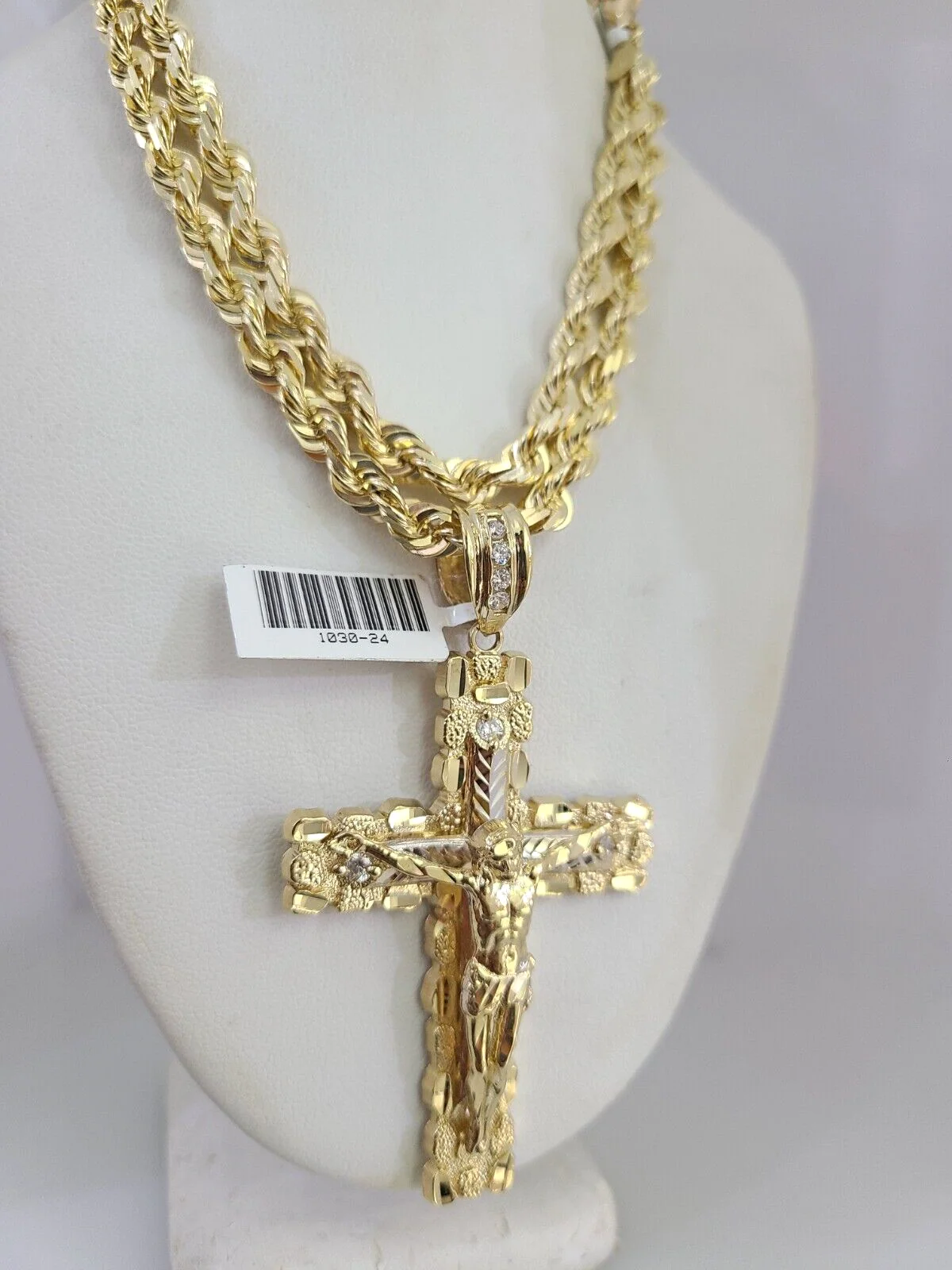 REAL 10k Gold Solid Rope Necklace 6mm Nugget Cross Pendant SET Chain 20"-30''