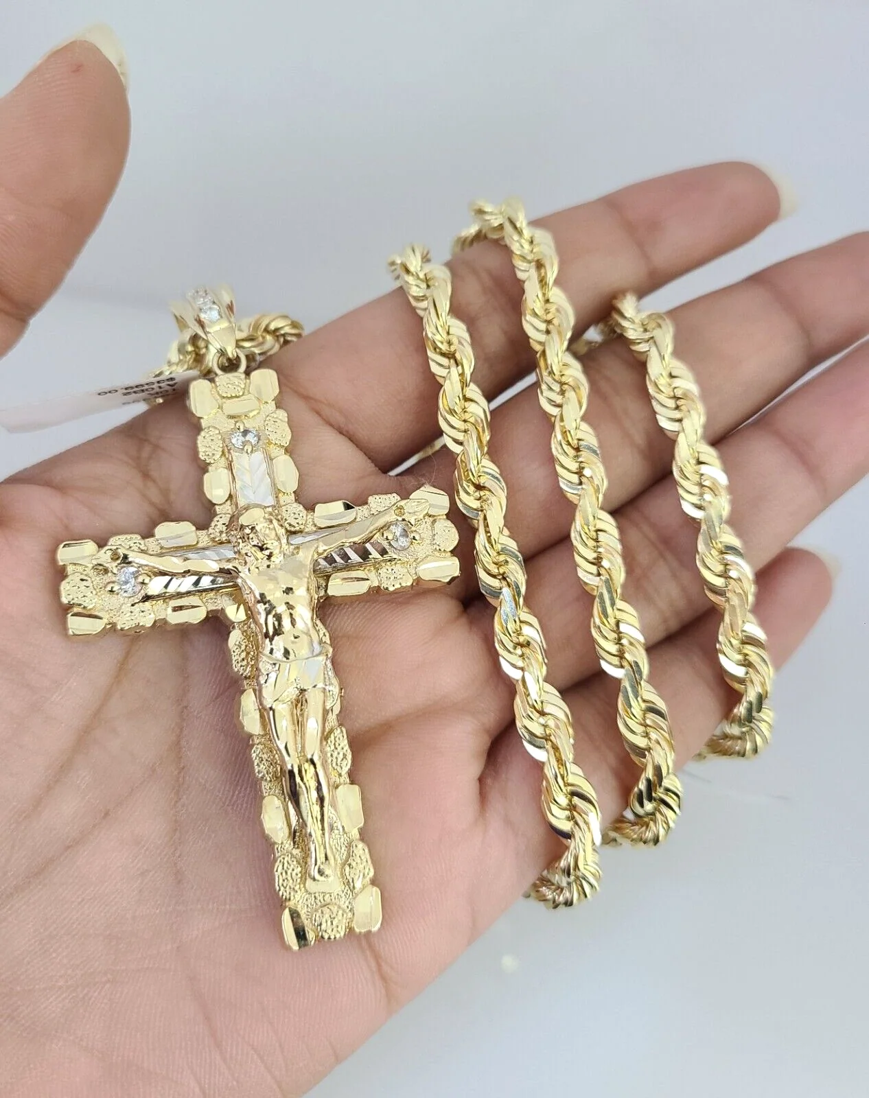 REAL 10k Gold Solid Rope Necklace 6mm Nugget Cross Pendant SET Chain 20"-30'' - Image 3