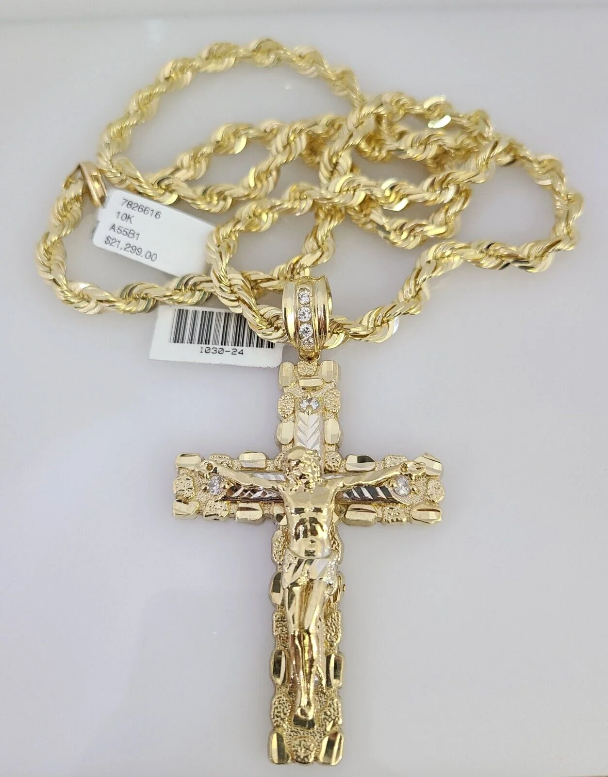 REAL 10k Gold Solid Rope Necklace 6mm Nugget Cross Pendant SET Chain 20"-30'' - Image 8