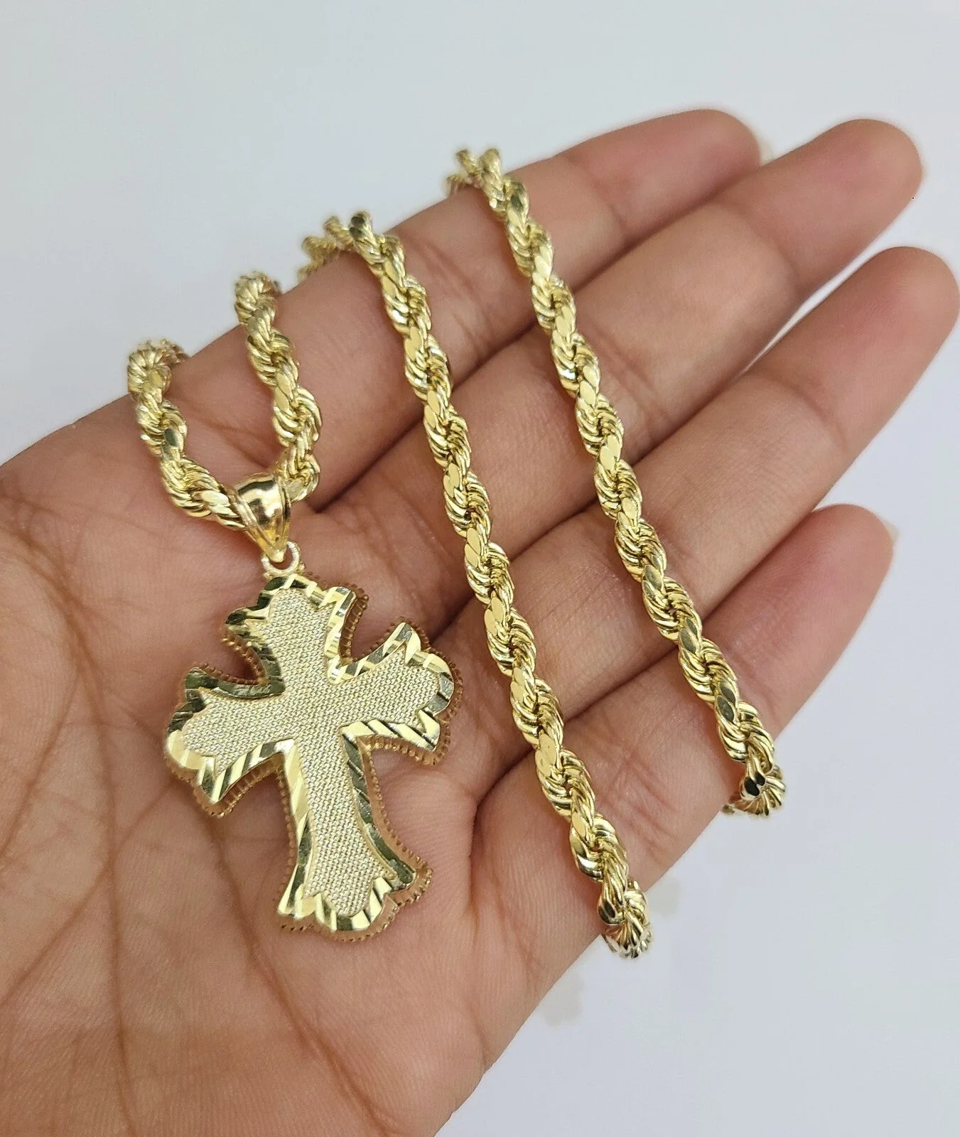REAL 10k Jesus Cross Charm Rope Chain Pendant 4mm Necklace Set 18"-28" in - Image 2