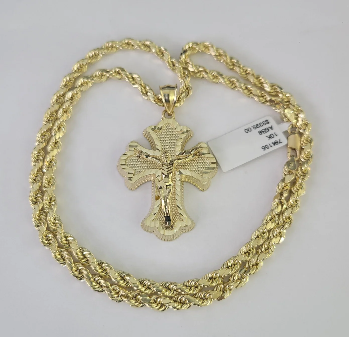 REAL 10k Jesus Crucifix Cross Charm Rope Chain Pendant 4mm Necklace Set 18"-28" - Image 2