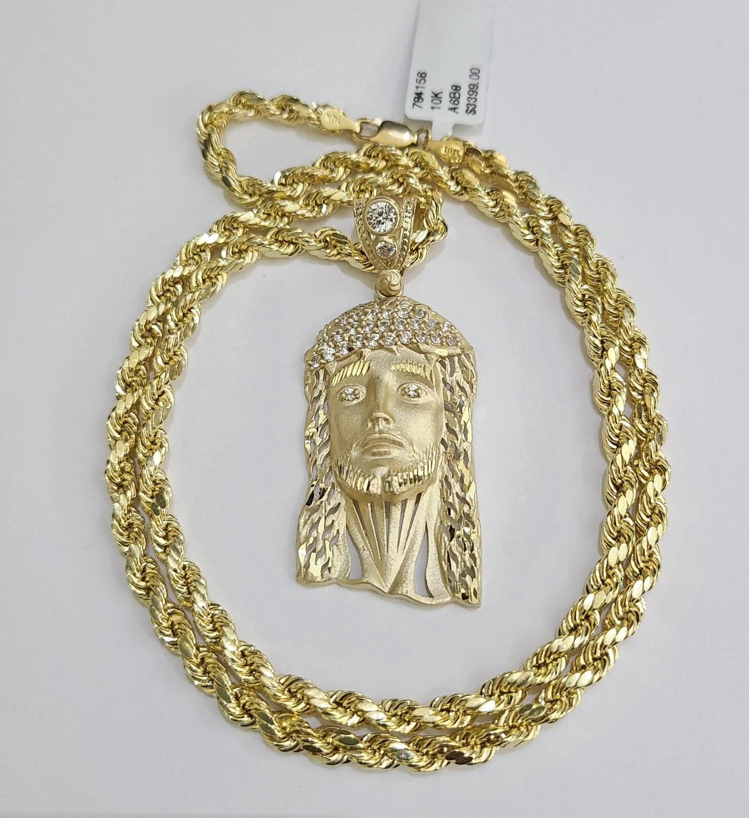 REAL 10k Jesus Head Charm Rope Chain Pendant 4mm Necklace Set 18"-28" in - Image 2