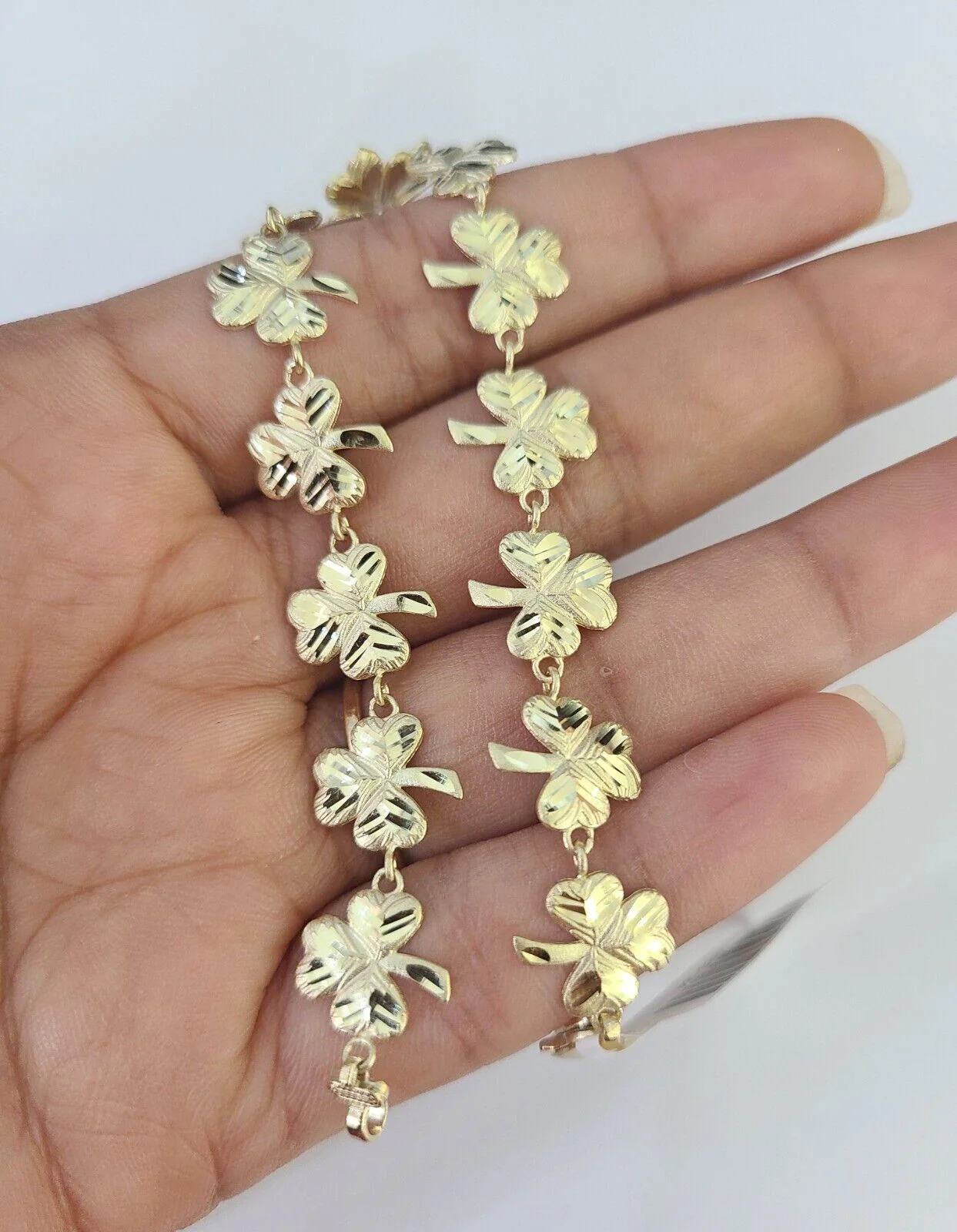 Real 10K Leaf Irish Shamrock Clover Bracelet 11mm 7 Inches 10kt Yellow Gold - Image 6
