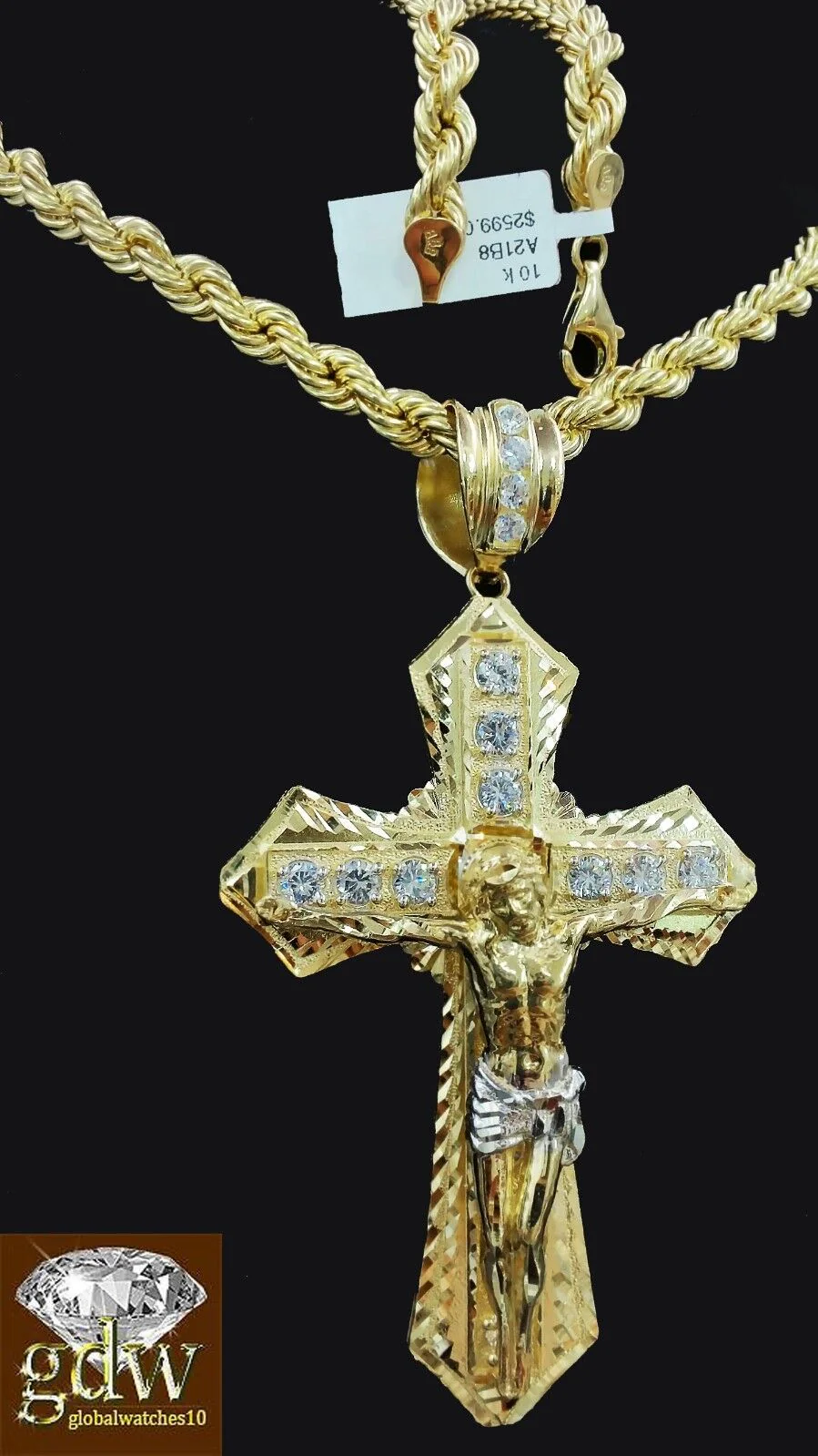 Real 10k Mens Yellow Gold Jesus Cross Charm/Pendant with 28 Inch long Rope Chain - Image 2