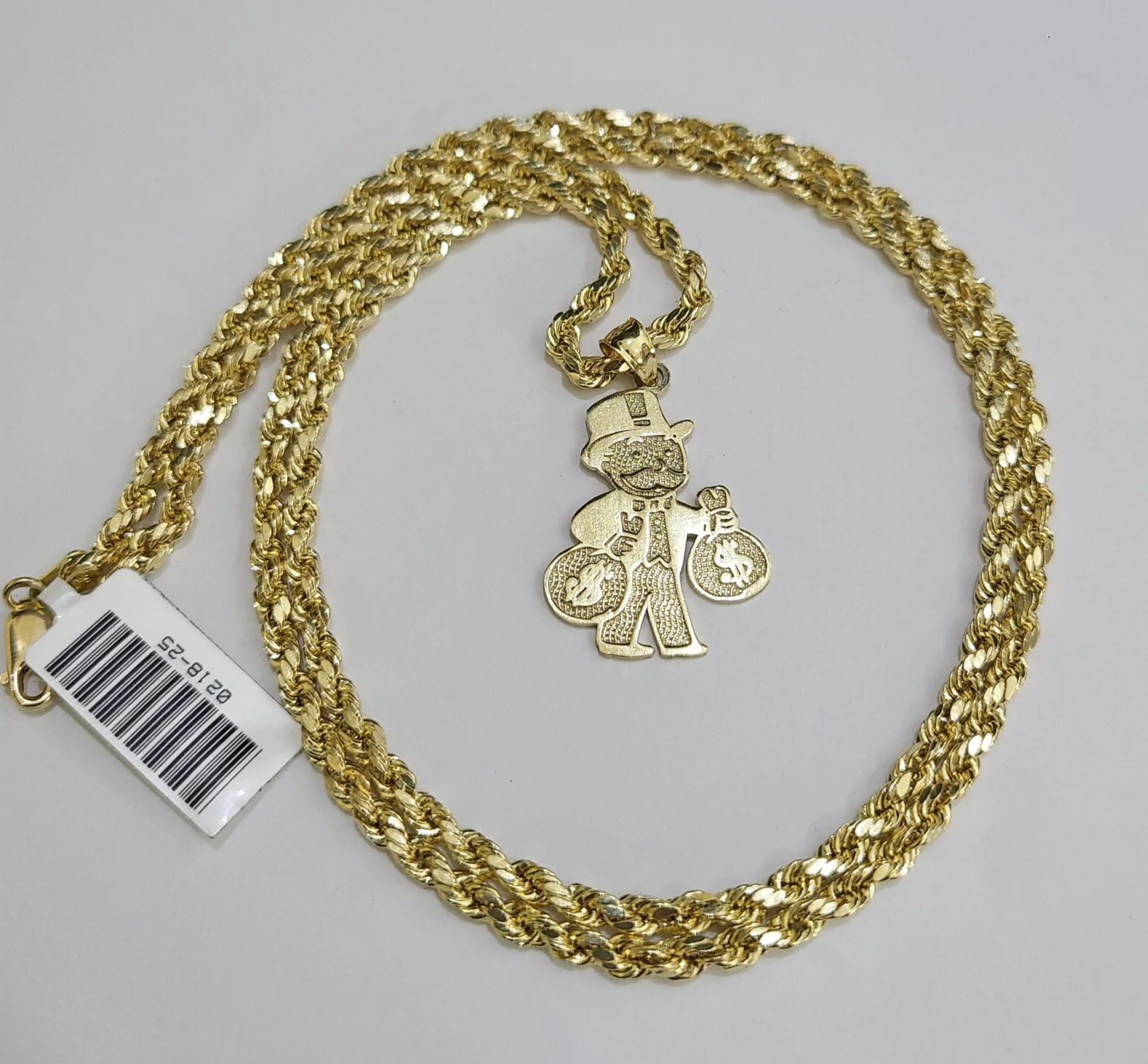 REAL 10k Rope Chain Grandpa Money Bag Charm Pendant 3mm Necklace Set 18"-28" in