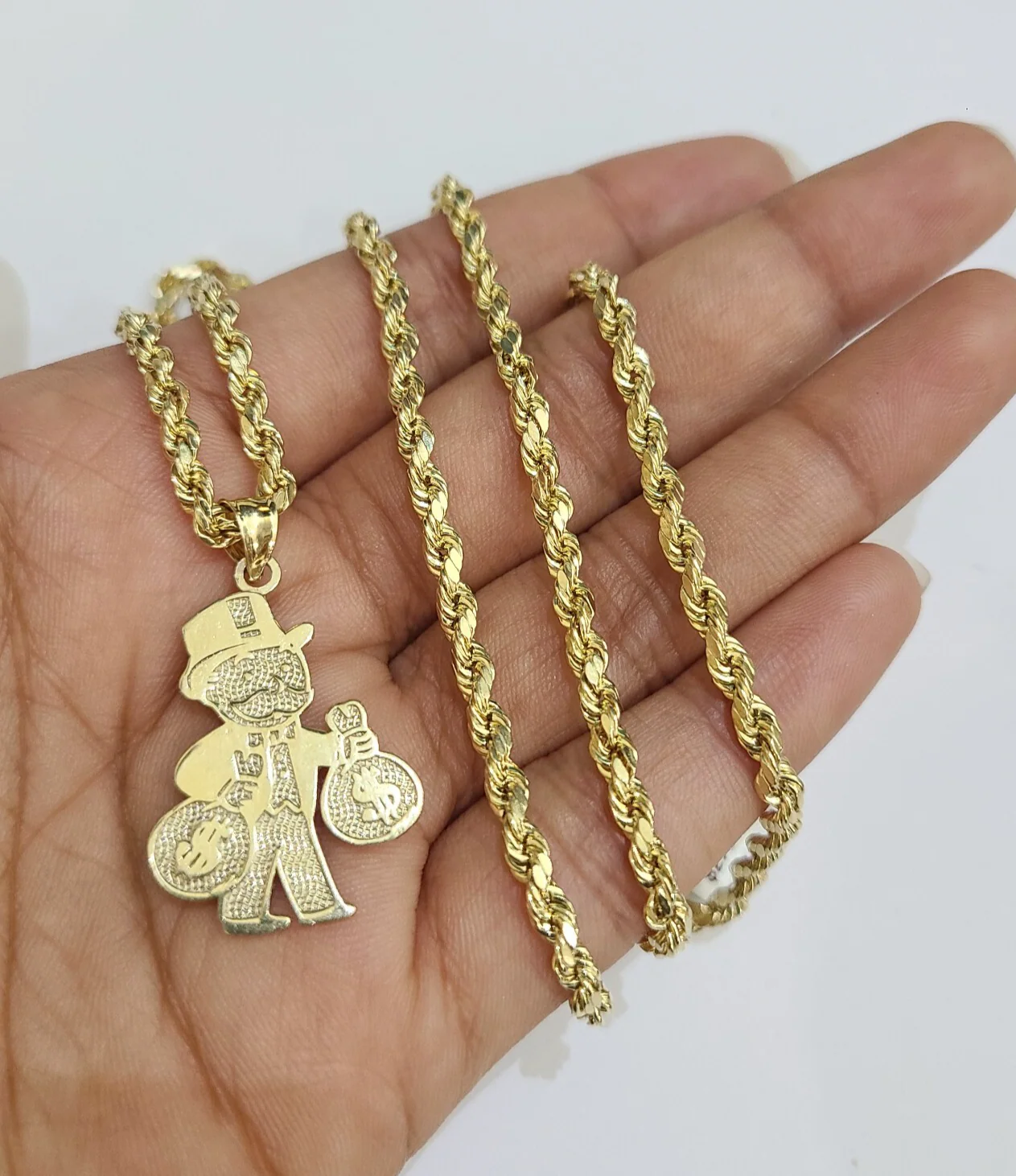 REAL 10k Rope Chain Grandpa Money Bag Charm Pendant 3mm Necklace Set 18"-28" in - Image 6