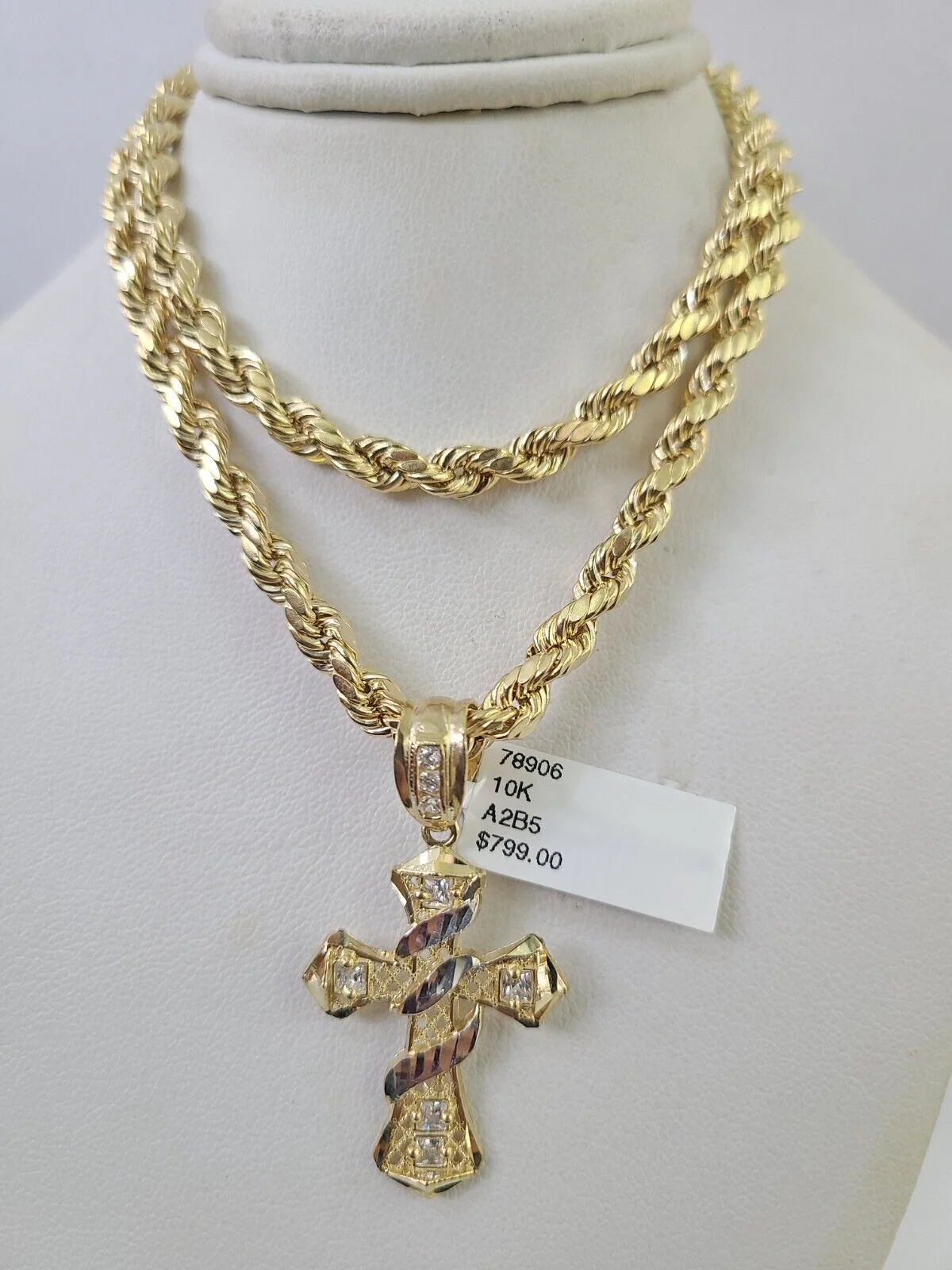 Real 10k Rope Chain Jesus Cross Charm Necklace Pendant Set 5mm 20"-30" Inch Gold - Image 2