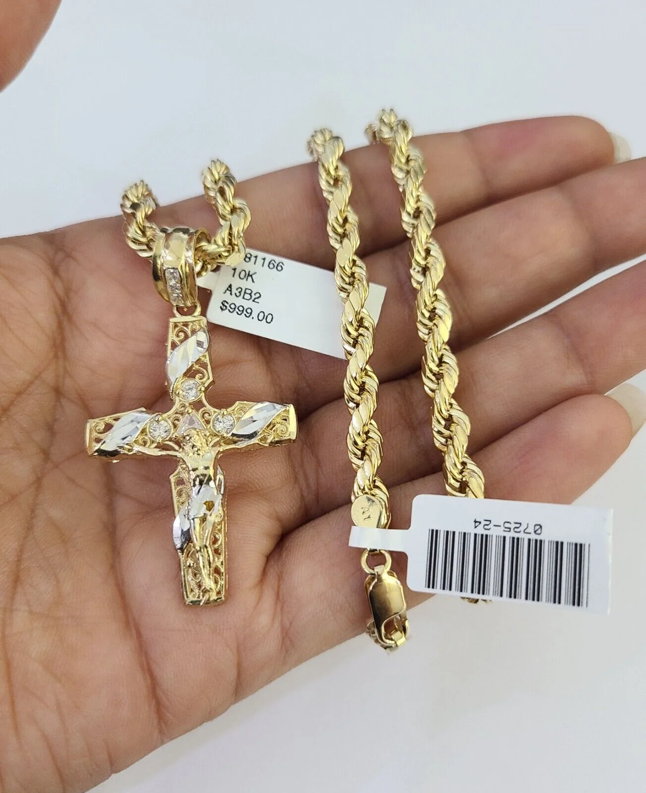 Real 10k Rope Chain Jesus Cross Charm Necklace Pendant Set 5mm 20"-30" Inch Gold - Image 2