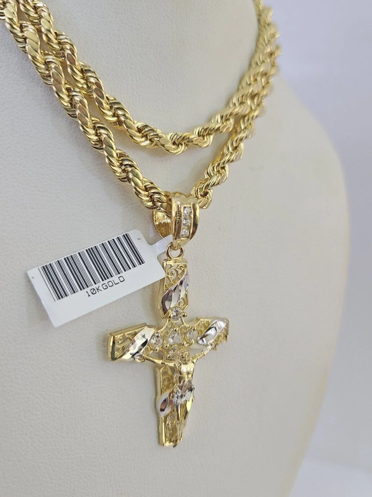 Real 10k Rope Chain Jesus Cross Charm Necklace Pendant Set 5mm 20"-30" Inch Gold - Image 6