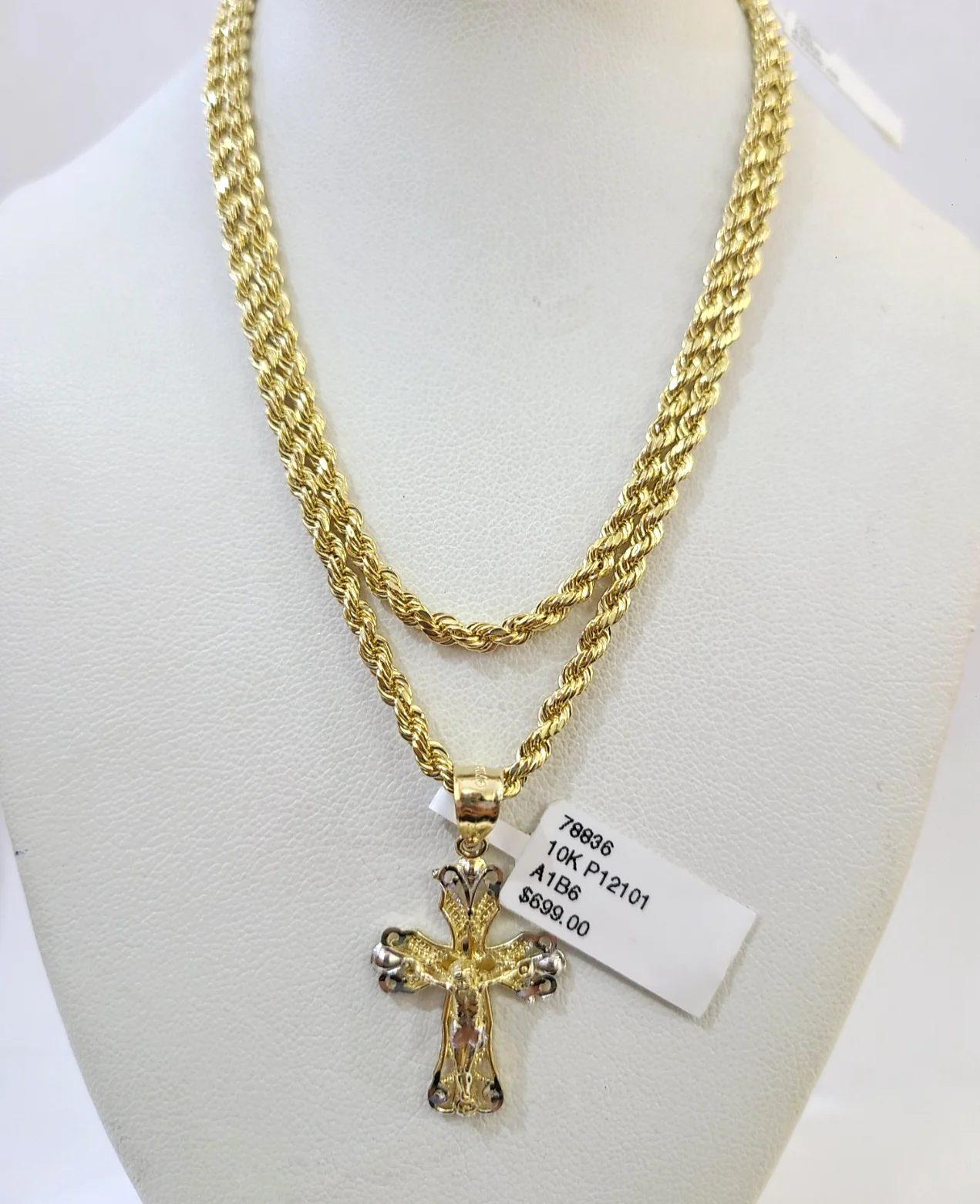 Real 10k Rope Chain Jesus Cross Charm Necklace SET 2mm 18"-28" Pendant - Image 2