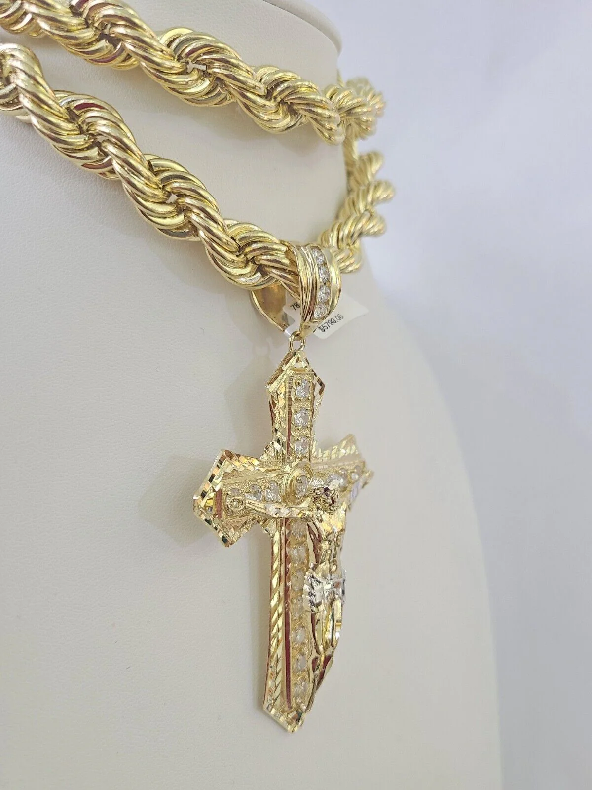 Real 10k Rope Chain Jesus Cross Charm Set 12mm 20"-30" Inch Necklace Yellow Gold - Image 2