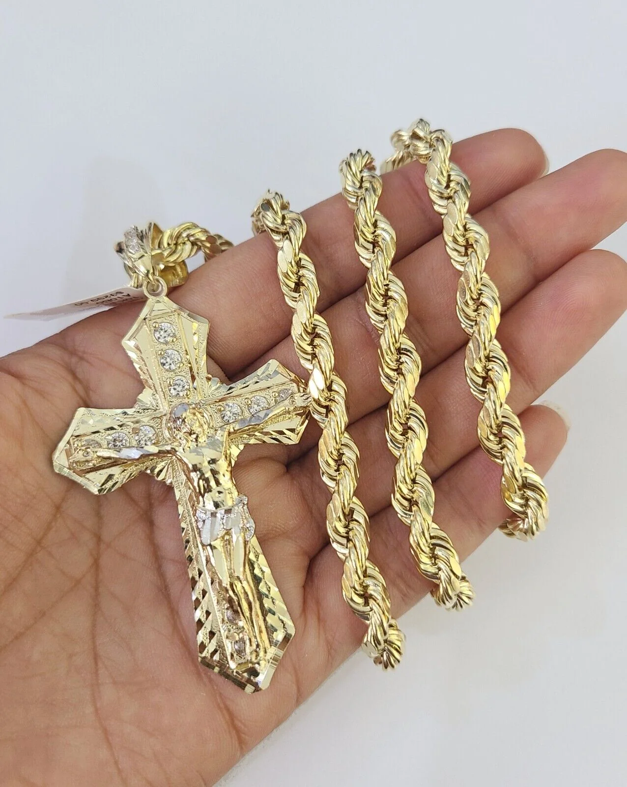 Real 10k Rope Chain Jesus Cross Charm Set 7mm 20"-28" Inch Necklace Yellow Gold