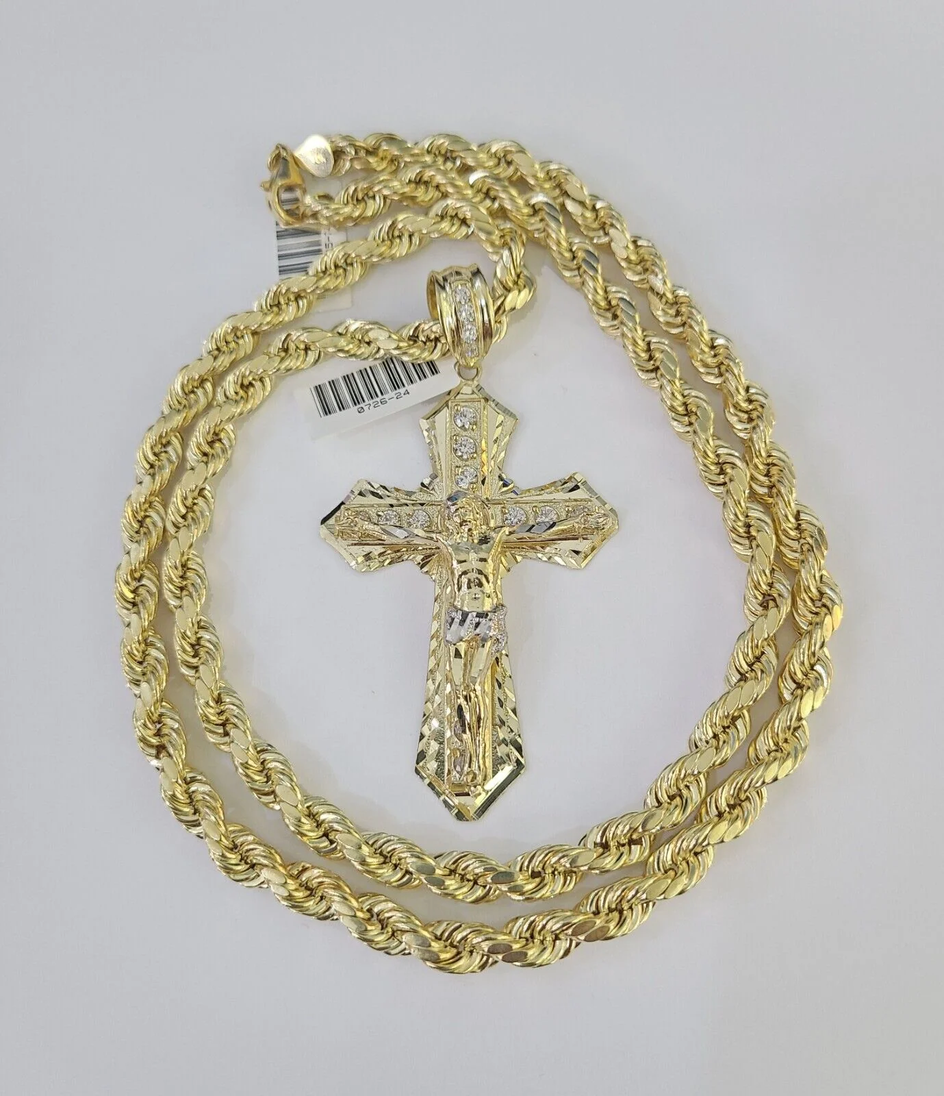 Real 10k Rope Chain Jesus Cross Charm Set 7mm 20"-28" Inch Necklace Yellow Gold - Image 2