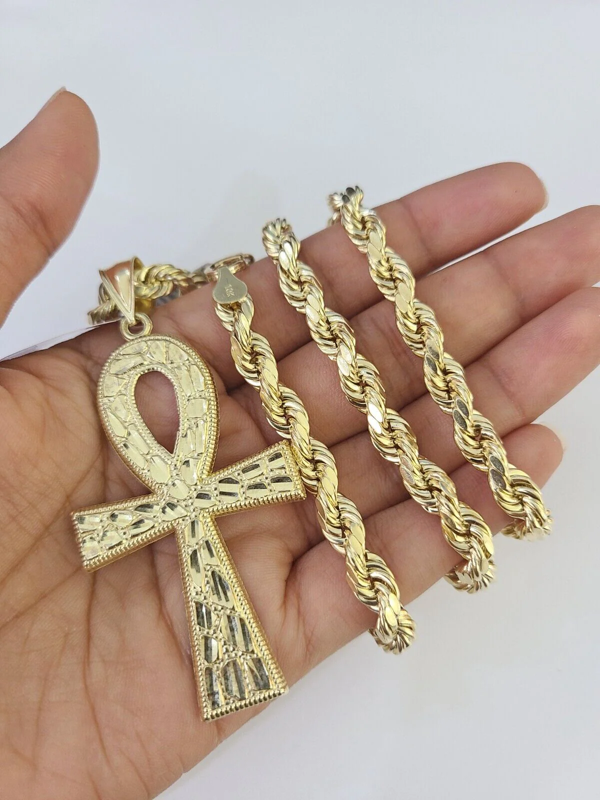 Real 10k Rope Chain Jesus Cross Charm Set 7mm 20"-28" Inch Necklace Yellow Gold - Image 6