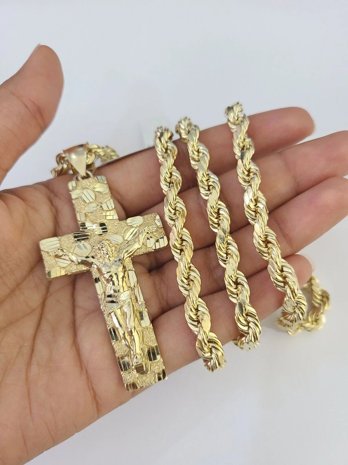 Real 10k Rope Chain Jesus Cross Charm Set 7mm 20"-28" Inch Necklace Yellow Gold - Image 3
