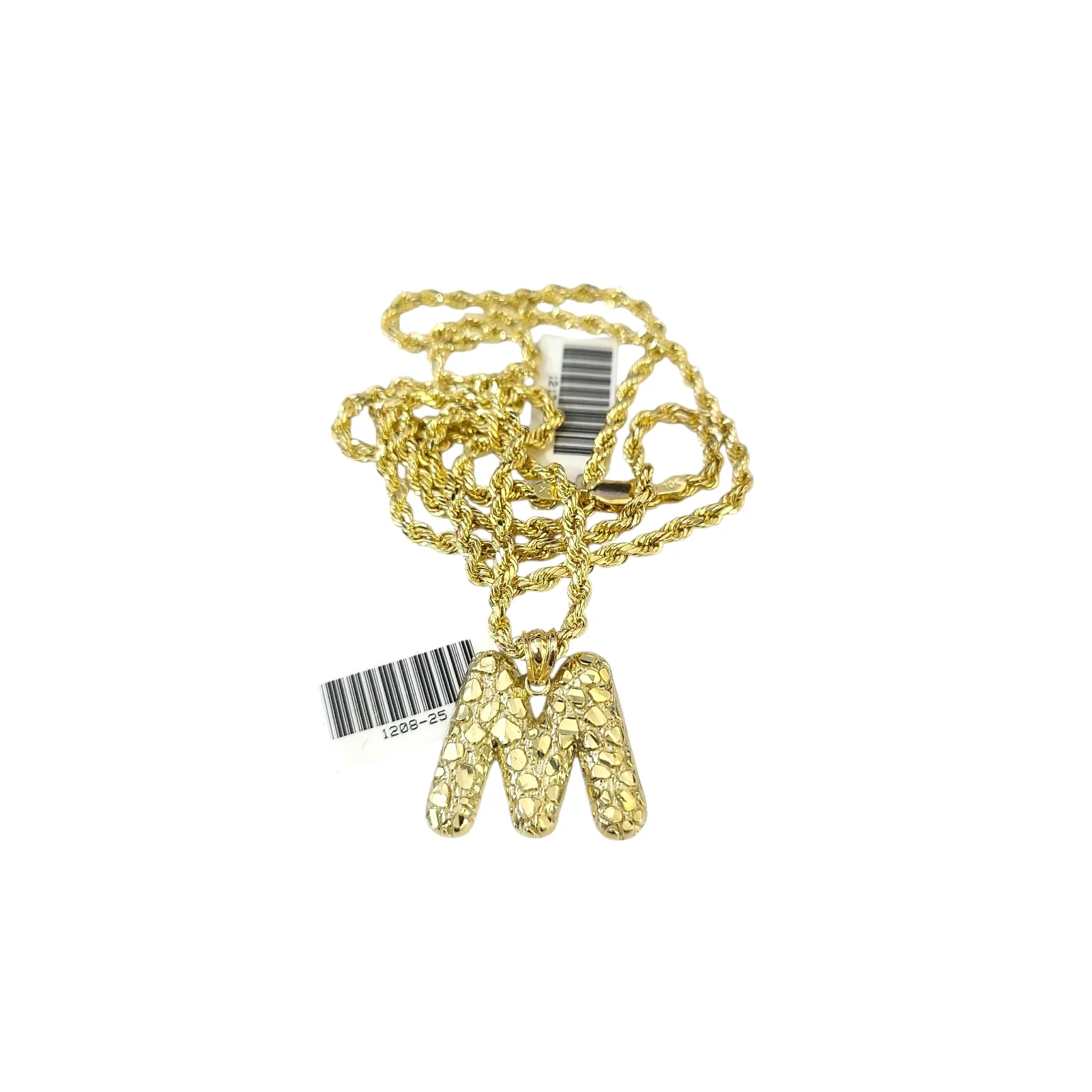 Real 10k Rope Chain M Initial Charm Necklace 3mm 18"-28" Nugget Set Pendant Gold