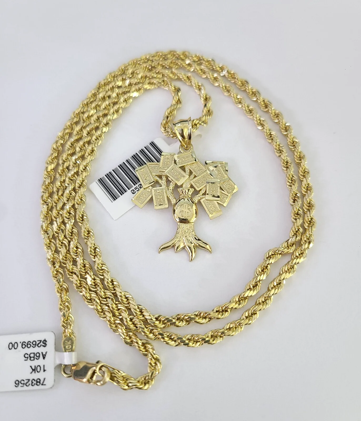 REAL 10k Rope Chain Money Tree Charm Pendant 3mm Necklace Set 18"-30" in