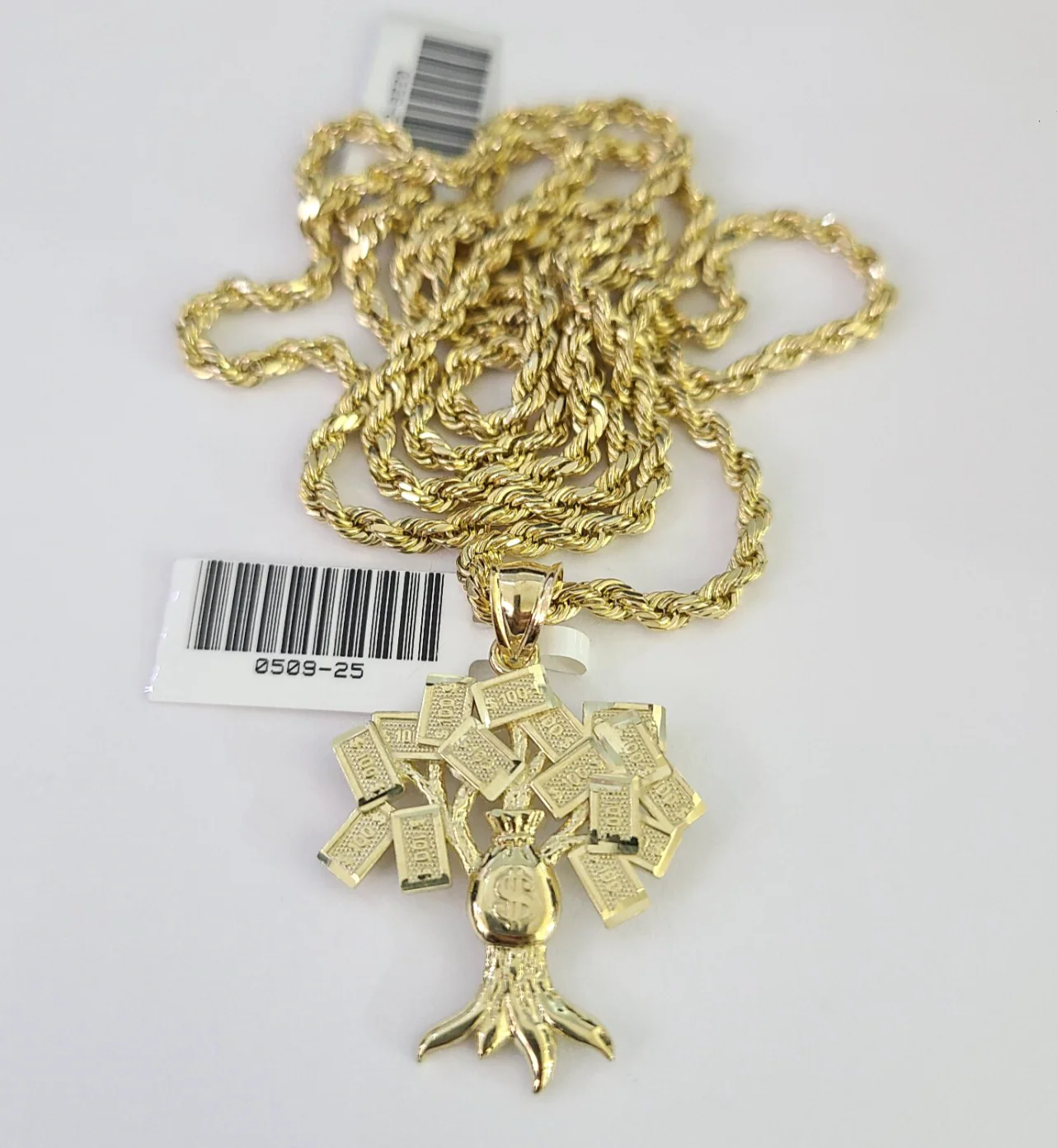REAL 10k Rope Chain Money Tree Charm Pendant 3mm Necklace Set 18"-30" in - Image 6