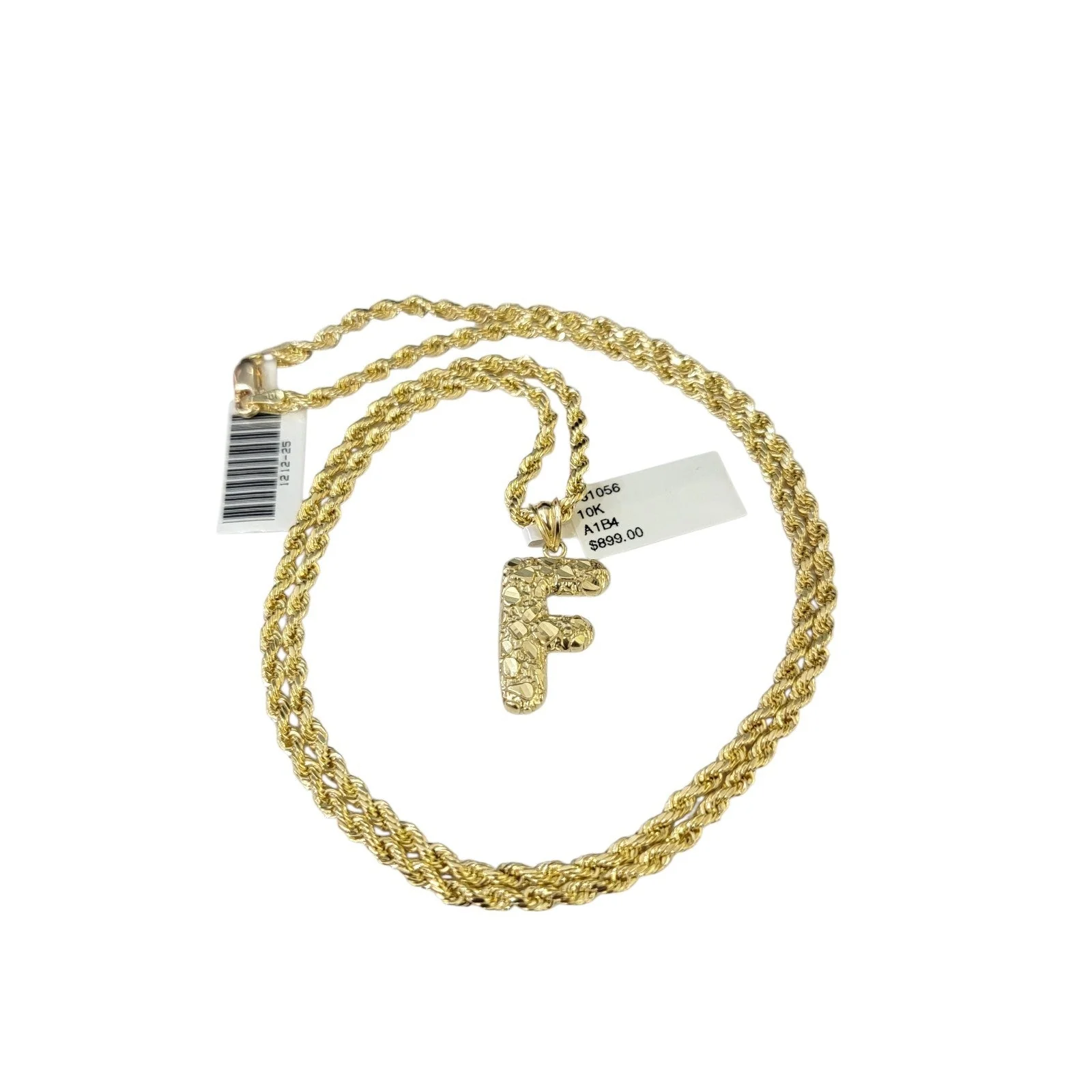 Real 10k Rope Chain Necklace Nugget F Initial Charm Set 3mm 18"-28" Pendant Gold