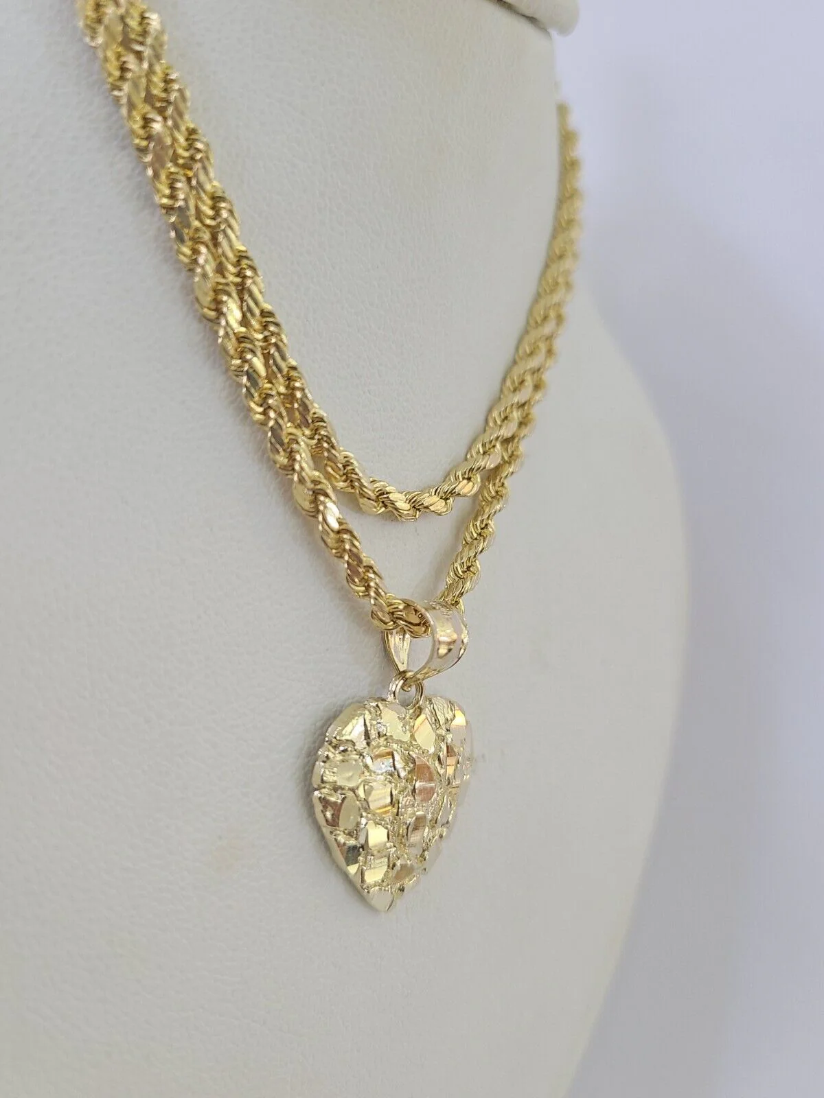 Real 10k Rope Chain Nugget Heart Charm Pendant SET Necklace 3mm 18"-24" Ladies - Image 6