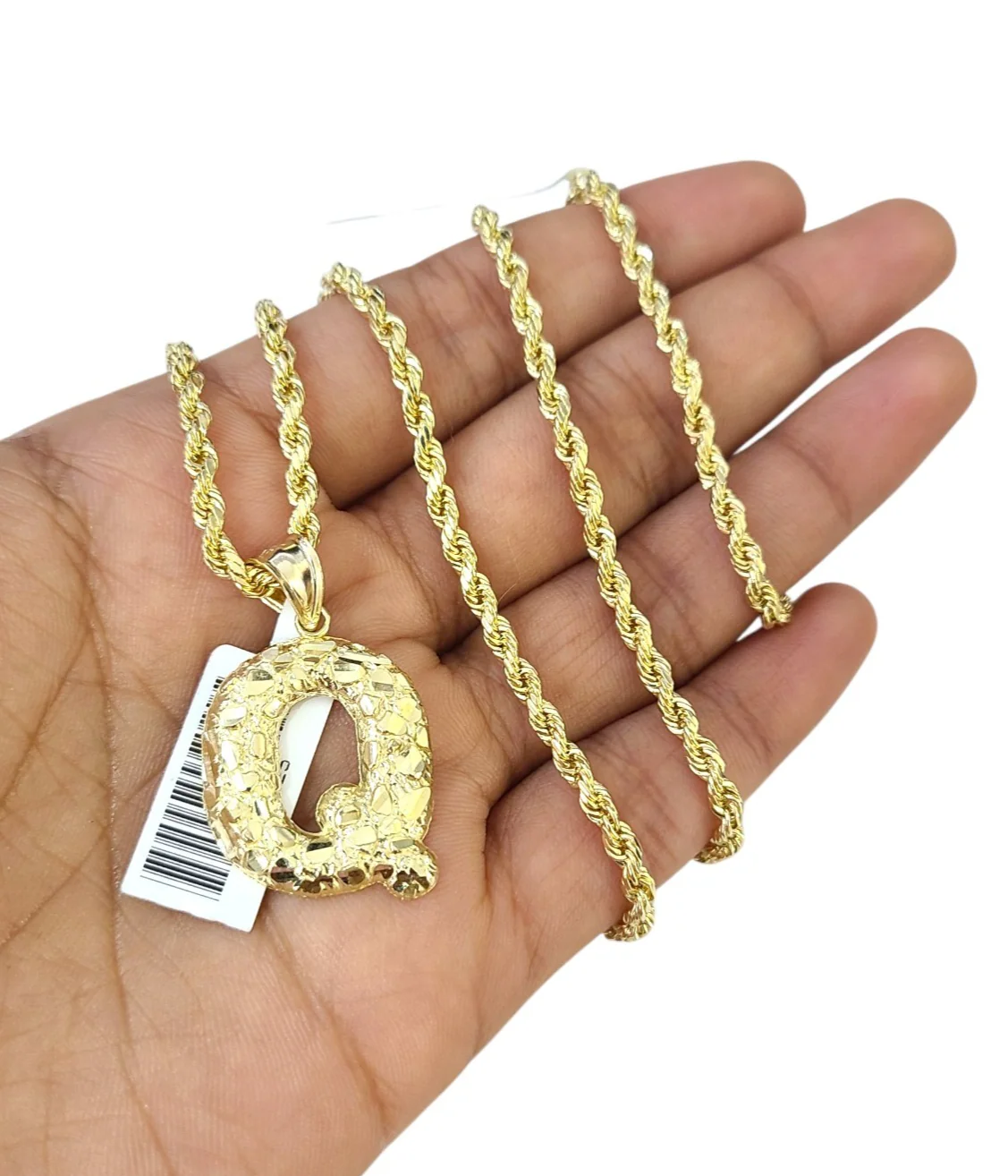 Real 10k Rope Chain Q Initial Charm 3mm 18"-28" Necklace Nugget Set Pendant Gold - Image 3