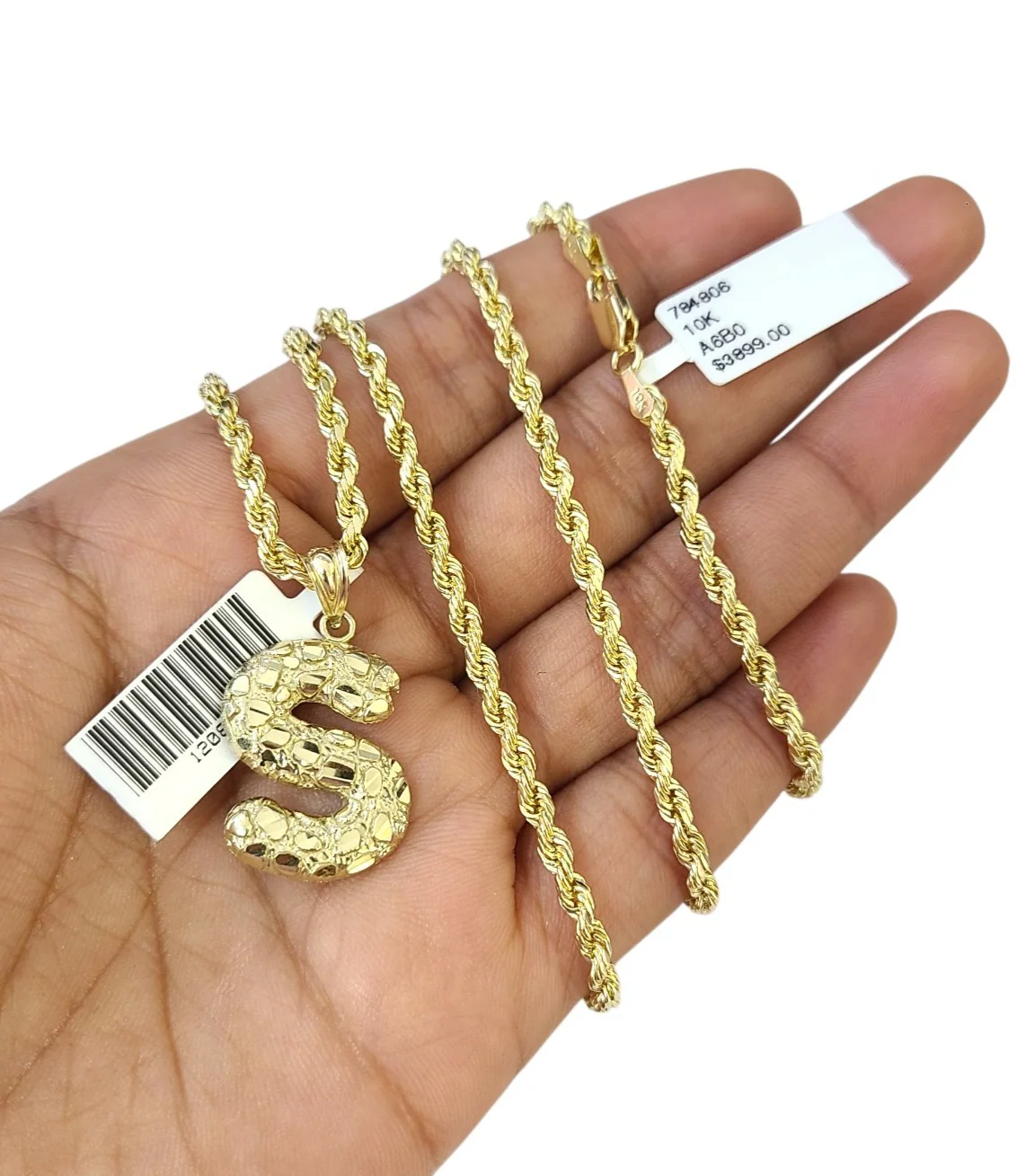 Real 10k Rope Chain S Initial Charm 3mm 18"-28" Necklace Nugget Set Pendant Gold