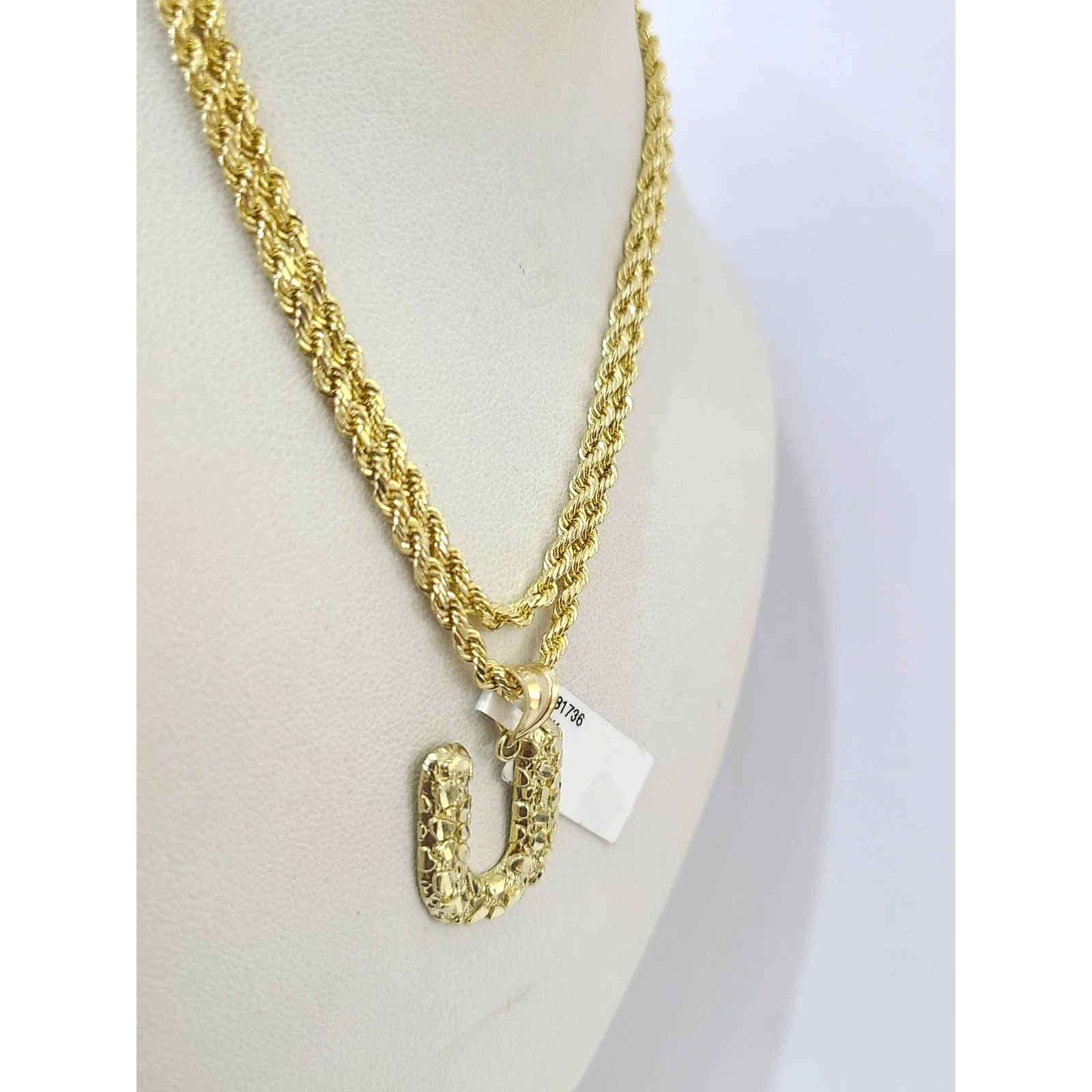 Real 10k Rope Chain U Initial Charm 3mm 18"-28" Necklace Nugget Set Pendant Gold - Image 4
