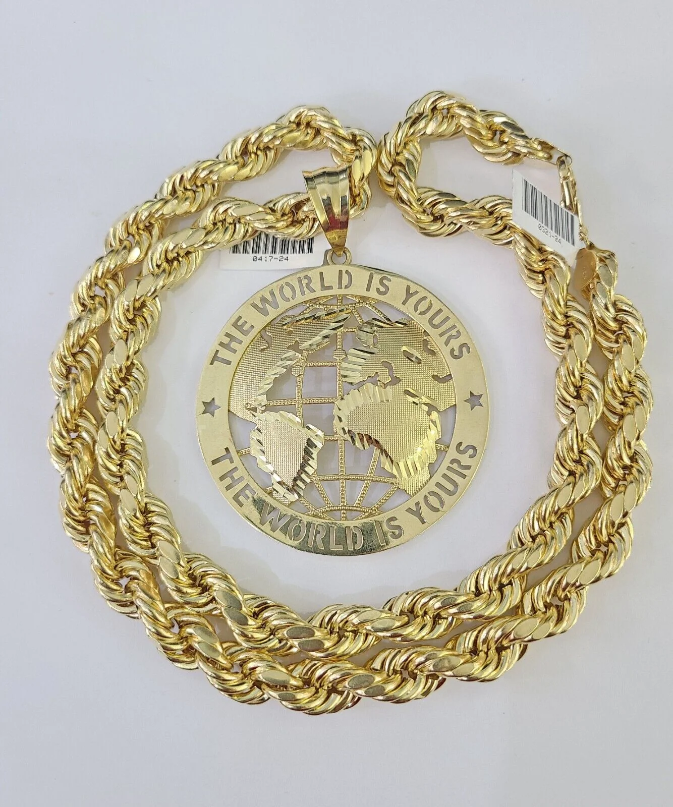 Real 10k Rope Chain World is Yours Charm Set 10mm 20"-30" Inch Necklace Gold - Image 5