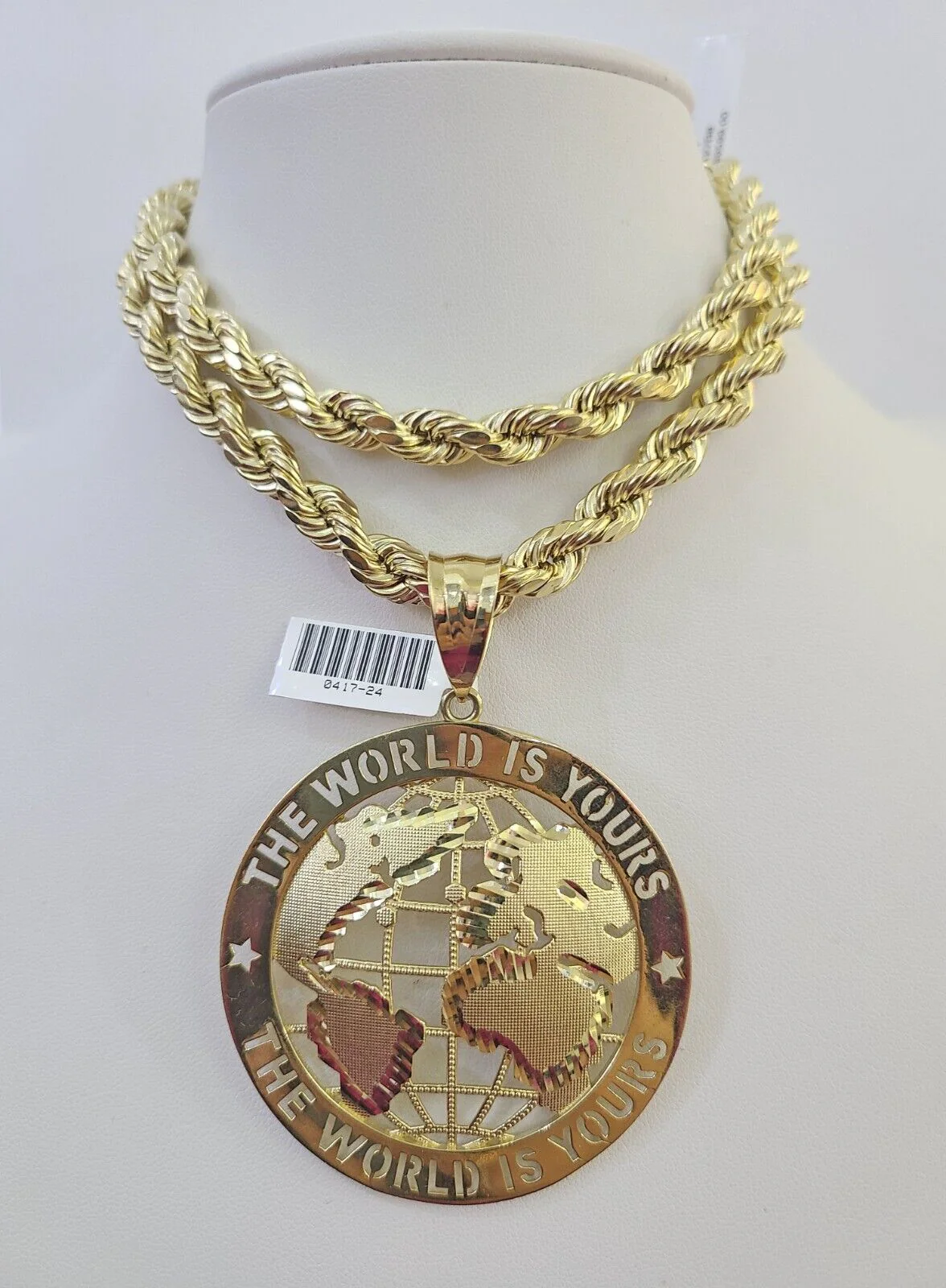 Real 10k Rope Chain World is Yours Charm Set 8mm 20"-30" Inch Necklace Gold