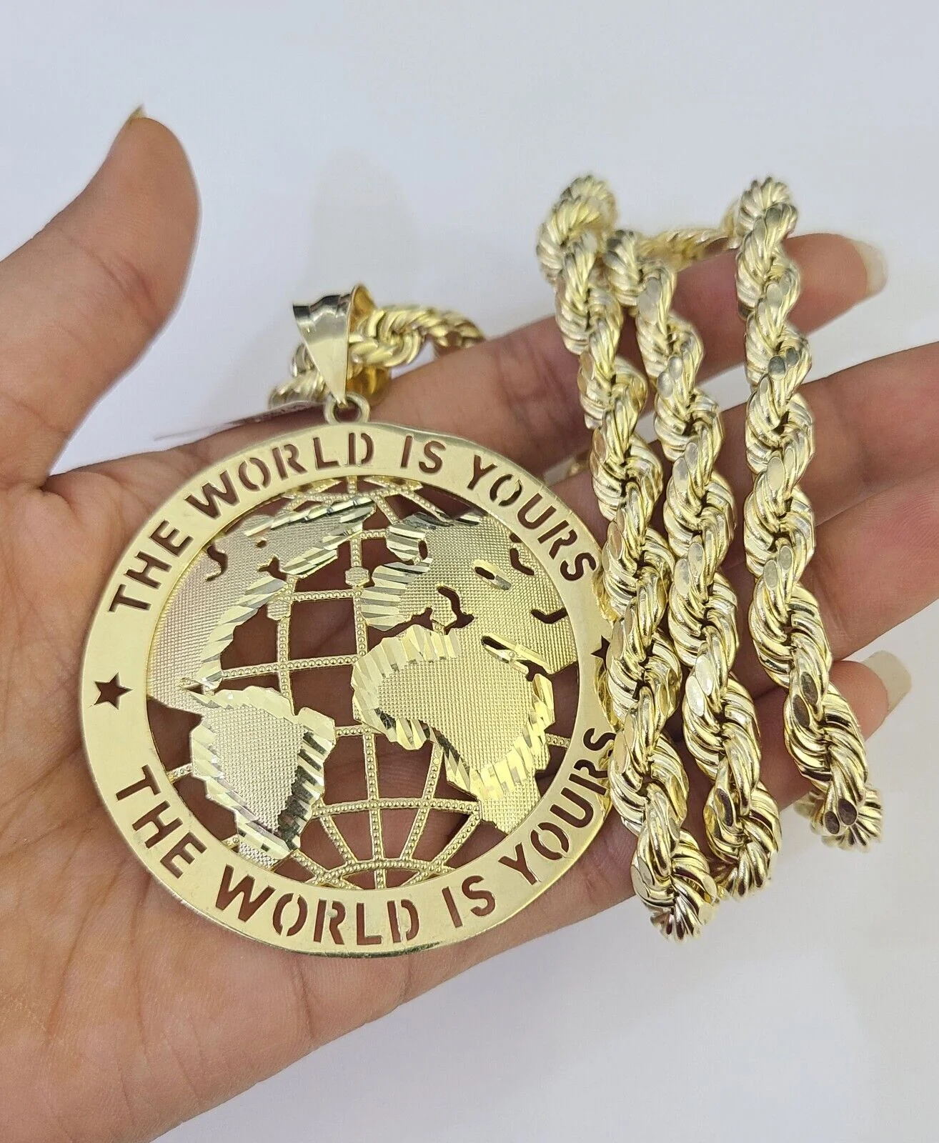 Real 10k Rope Chain World is Yours Charm Set 8mm 20"-30" Inch Necklace Gold - Image 5