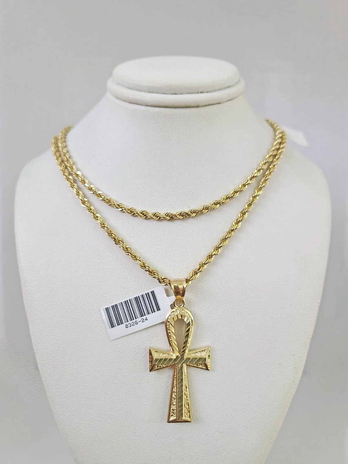 REAL 10k Solid Rope Chain Ankh Cross Charm Pendant 3mm Set 18"-26" in Necklace