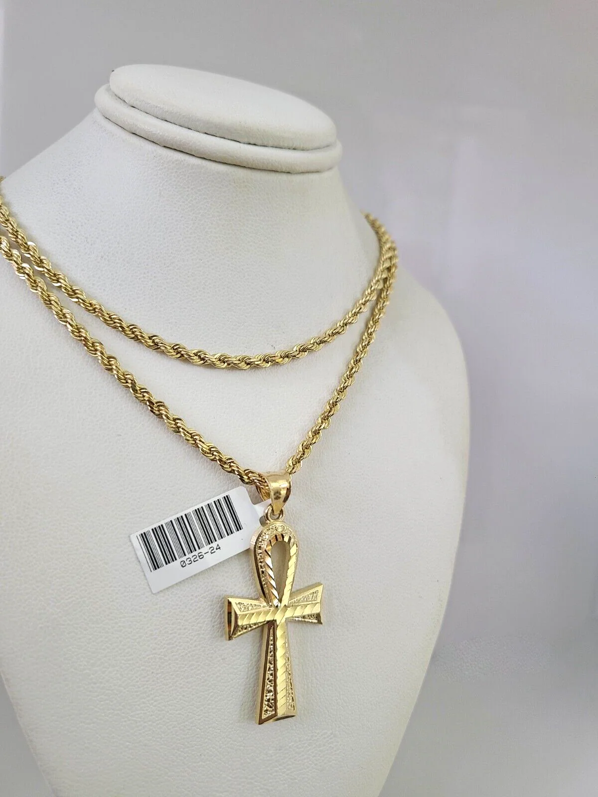 REAL 10k Solid Rope Chain Ankh Cross Charm Pendant 3mm Set 18"-26" in Necklace - Image 6