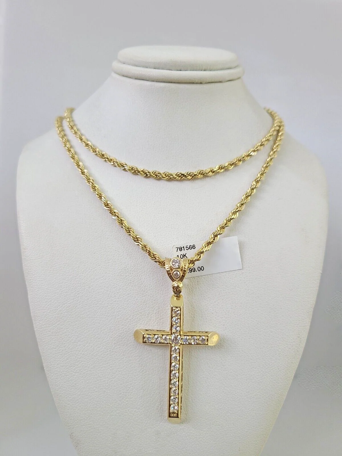 REAL 10k Solid Rope Chain Cross Charm Pendant 3mm Necklace Set 18"-26" inches
