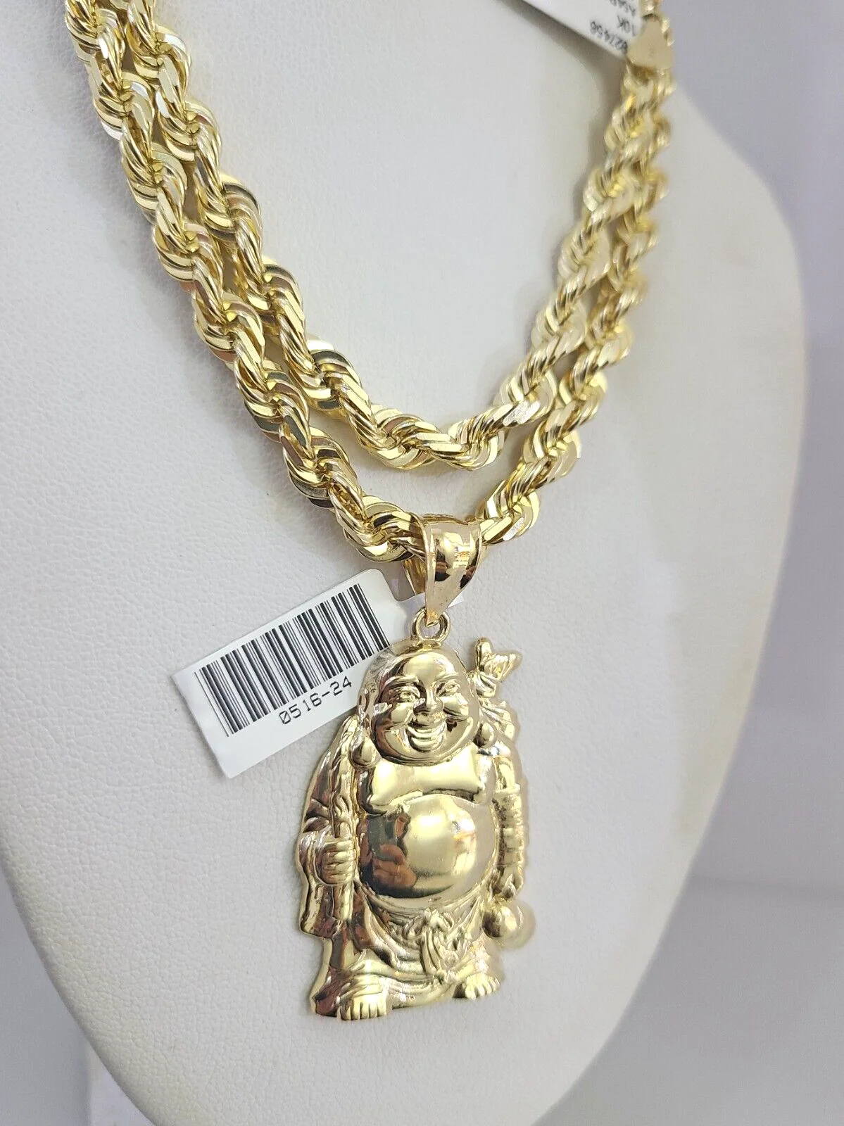 Real 10k Solid Rope Chain Laughing Buddha Charm Set 6mm 20"-30" Necklace Gold