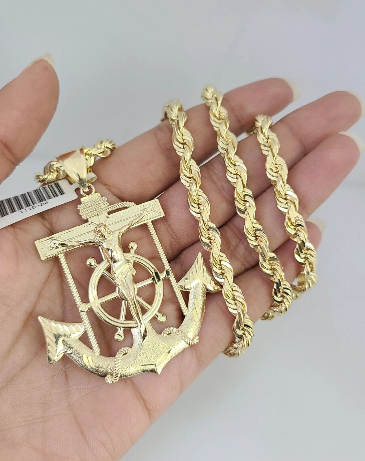 REAL 10k Solid Rope Necklace 6mm Jesus Anchor Pendant SET Chain 20"-30'' Gold - Image 11
