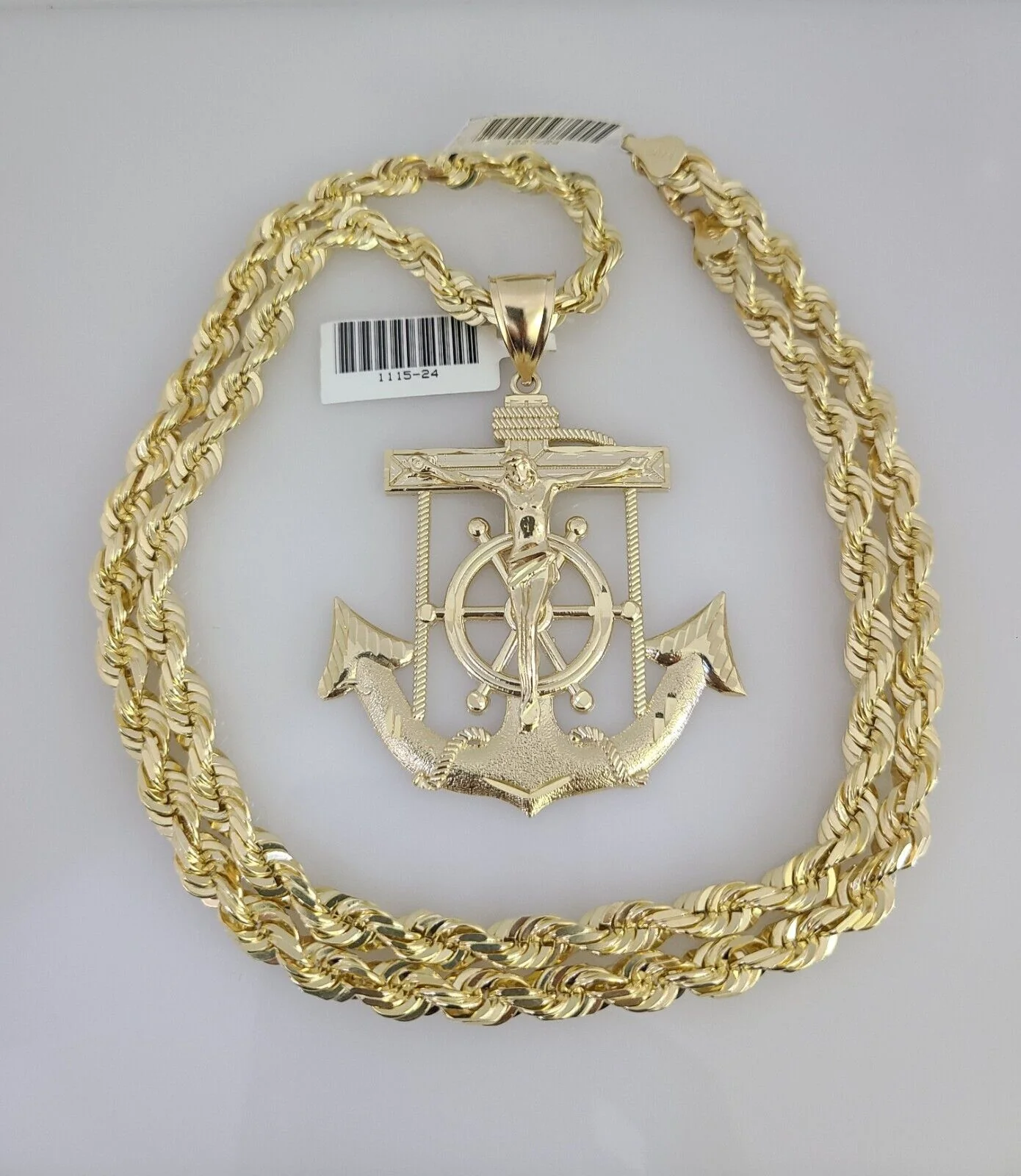 REAL 10k Solid Rope Necklace 6mm Jesus Anchor Pendant SET Chain 20"-30'' Gold - Image 5