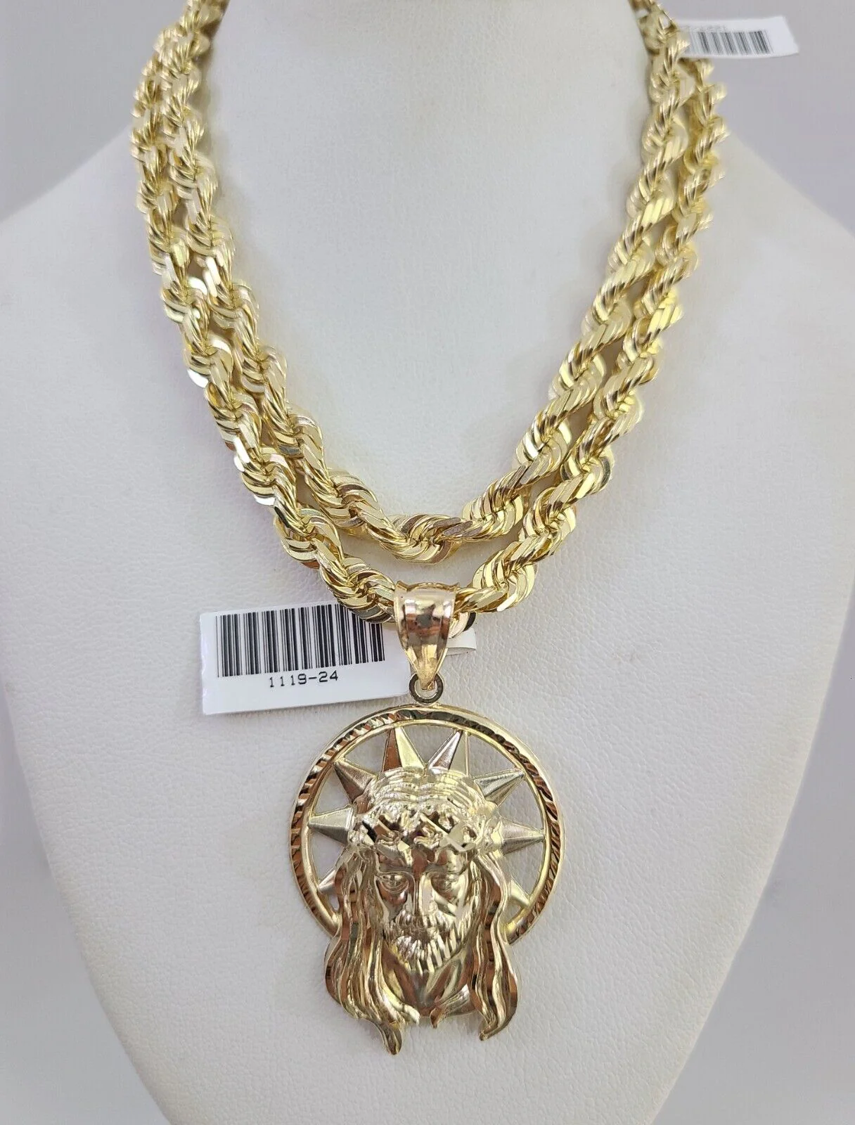 REAL 10k Solid Rope Necklace 6mm Jesus Head Pendant SET Chain 20"-30'' Gold - Image 11