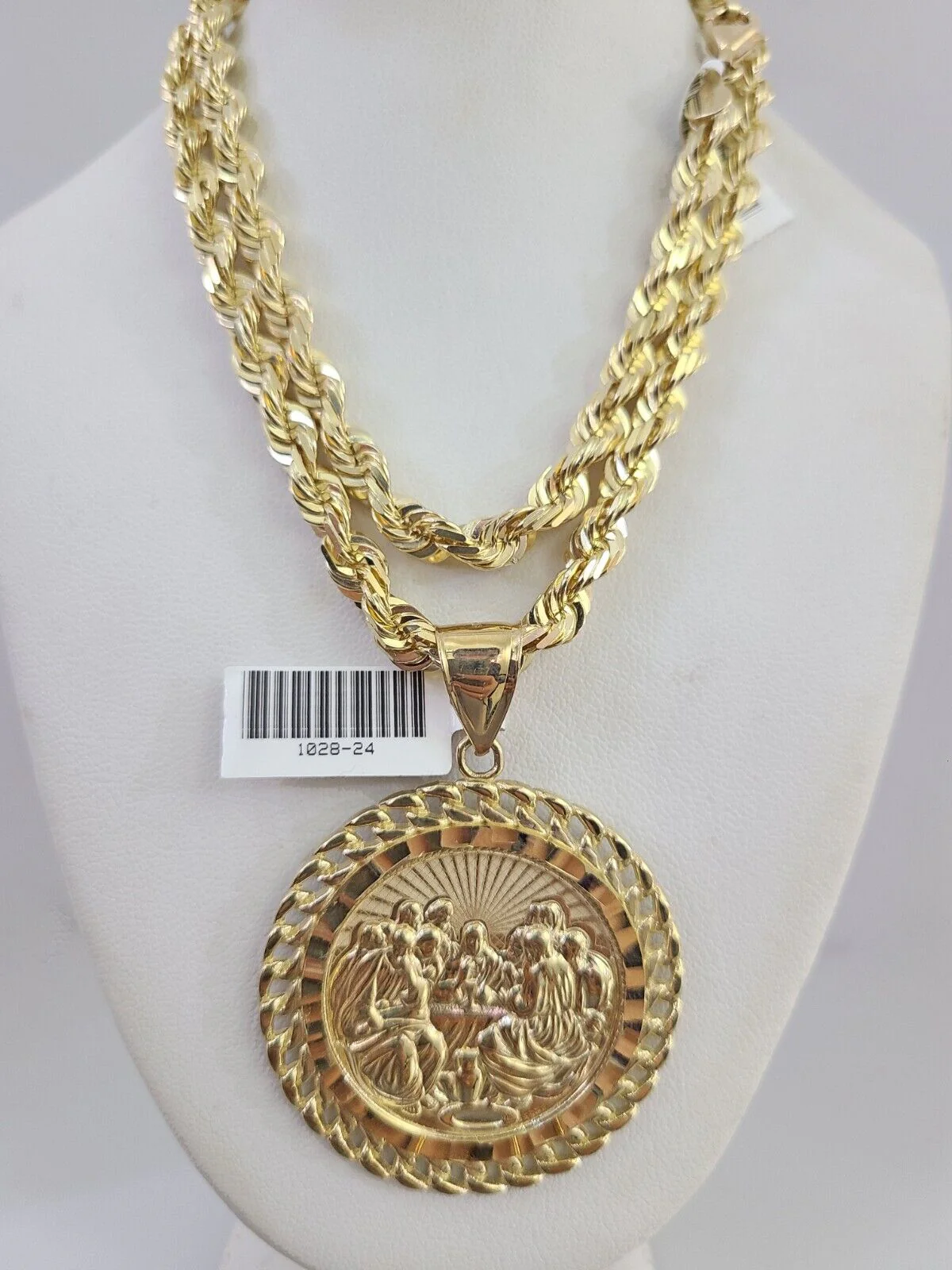 REAL 10k Solid Rope Necklace 6mm Last Supper Pendant SET Chain 20"-30'' Gold - Image 2