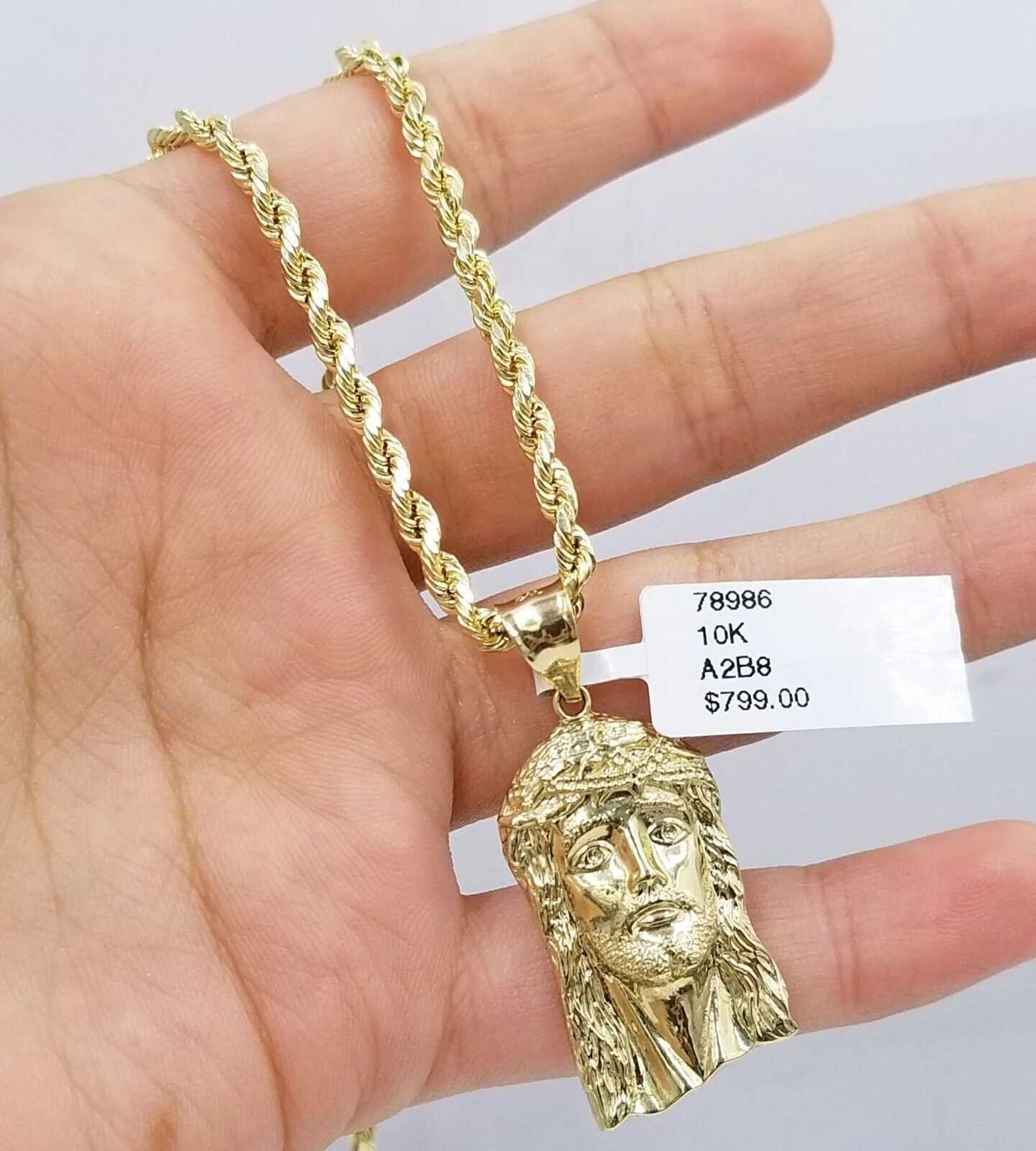 Real 10k Yellow Gold 3mm Rope Chain 18-28 inch Necklace And Jesus Head Pendant
