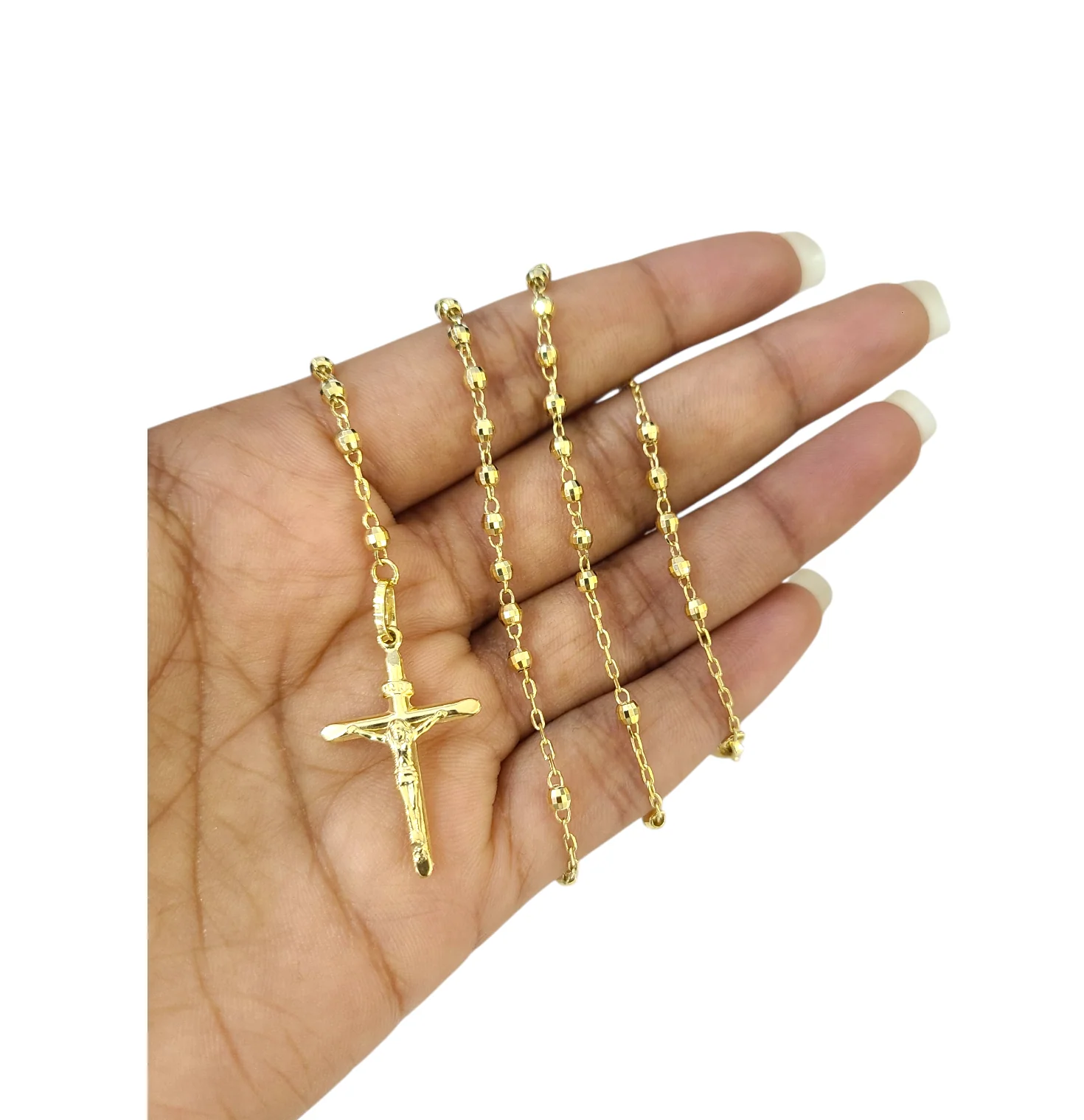 Real 10k Yellow Gold 3mm Rosary Chain 24 inch Necklace Cross Pendant - Image 5