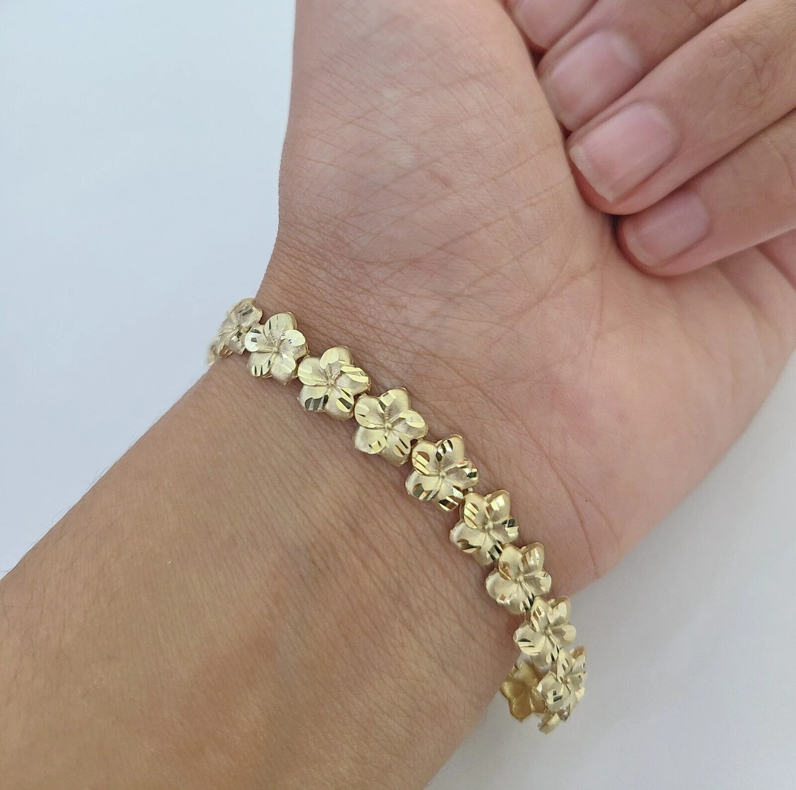 Real 10K Yellow Gold 8mm Flower Bracelet  7.5" Inch 10kt Gold