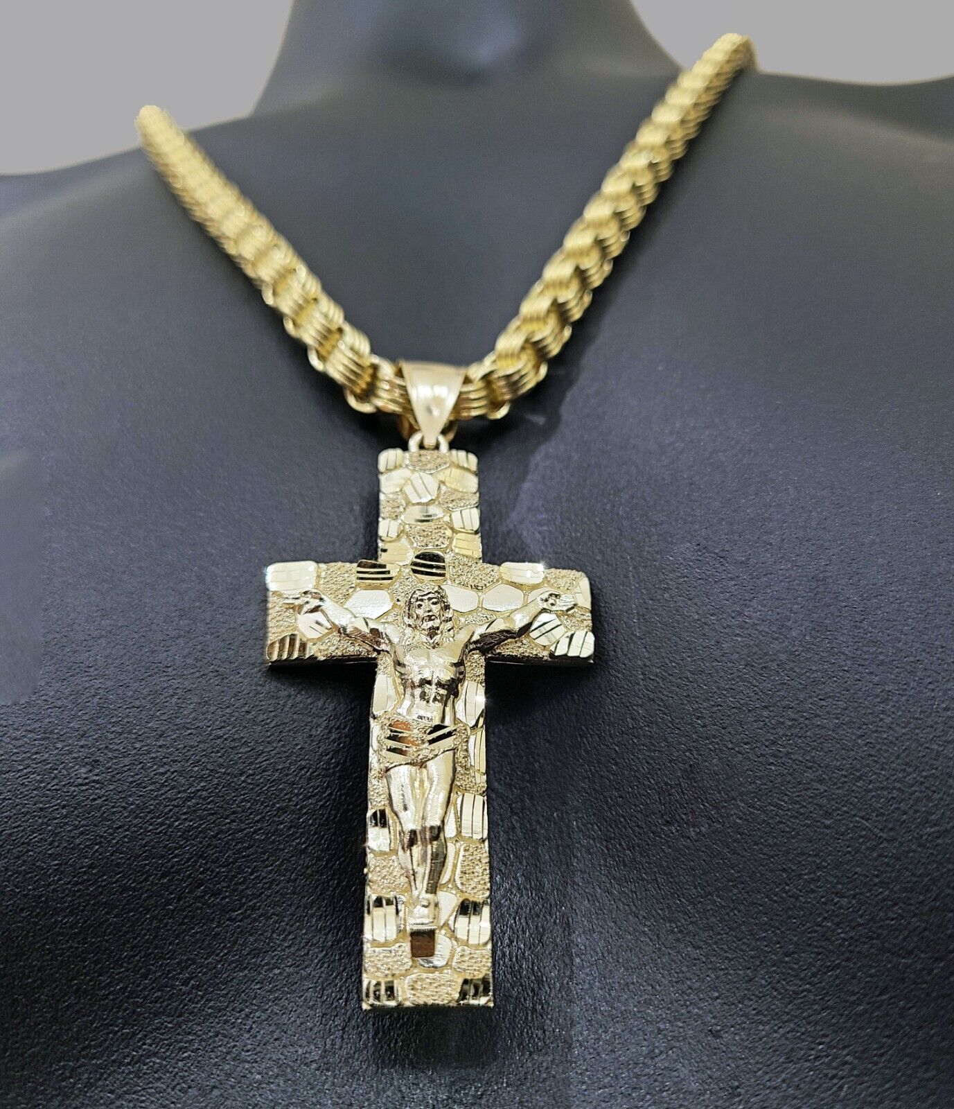 Real 10k Yellow Gold Box Byzantine Chain 24'' Necklace JesusCross Charm pendant - Image 3