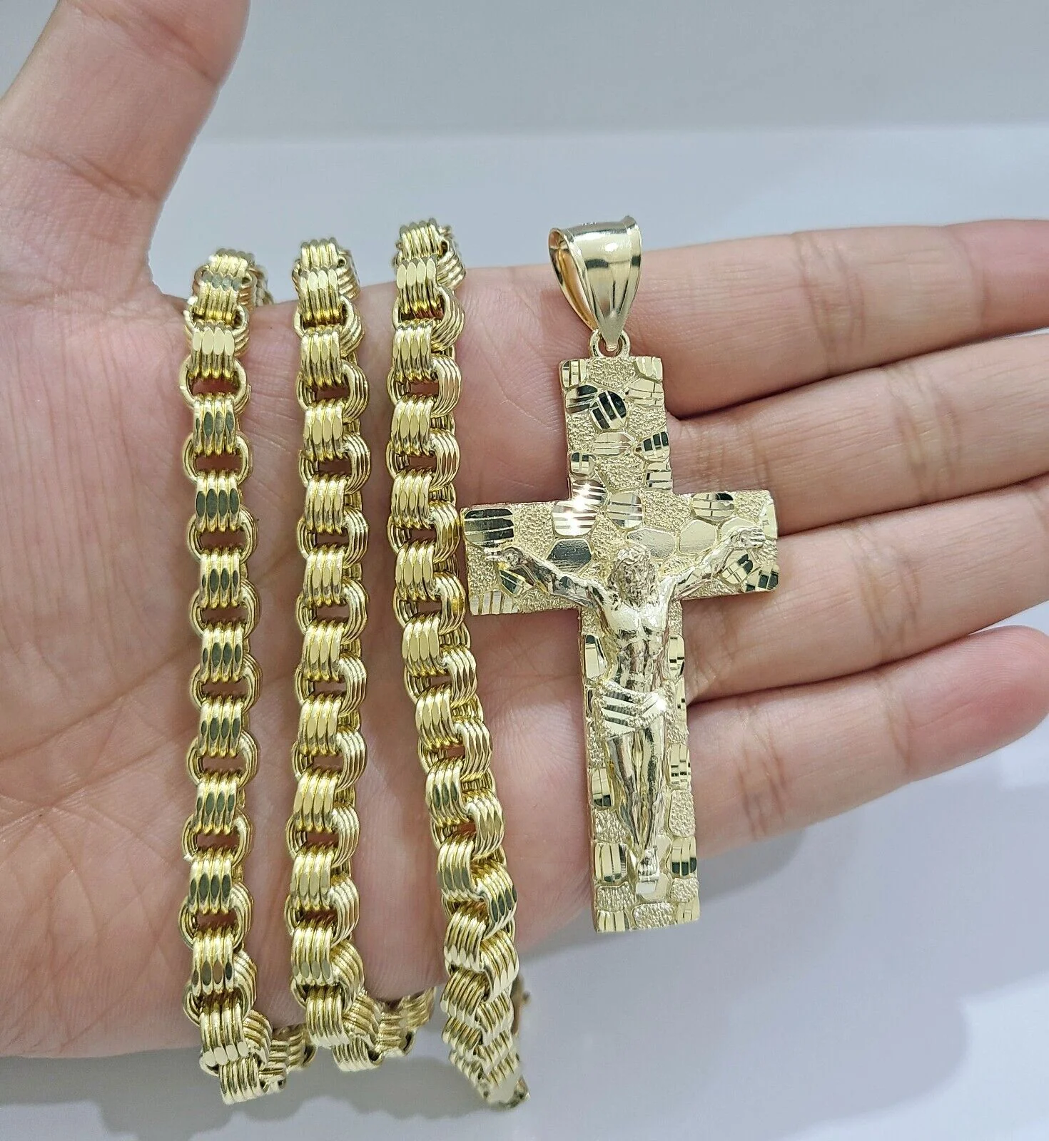 Real 10k Yellow Gold Box Byzantine Chain 24'' Necklace JesusCross Charm pendant - Image 4