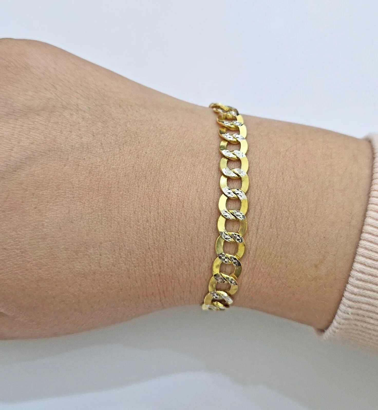 Real 10k Yellow Gold Bracelet Cuban Curb link 8mm 8.5" Two-tone Cuts SOLID 10k