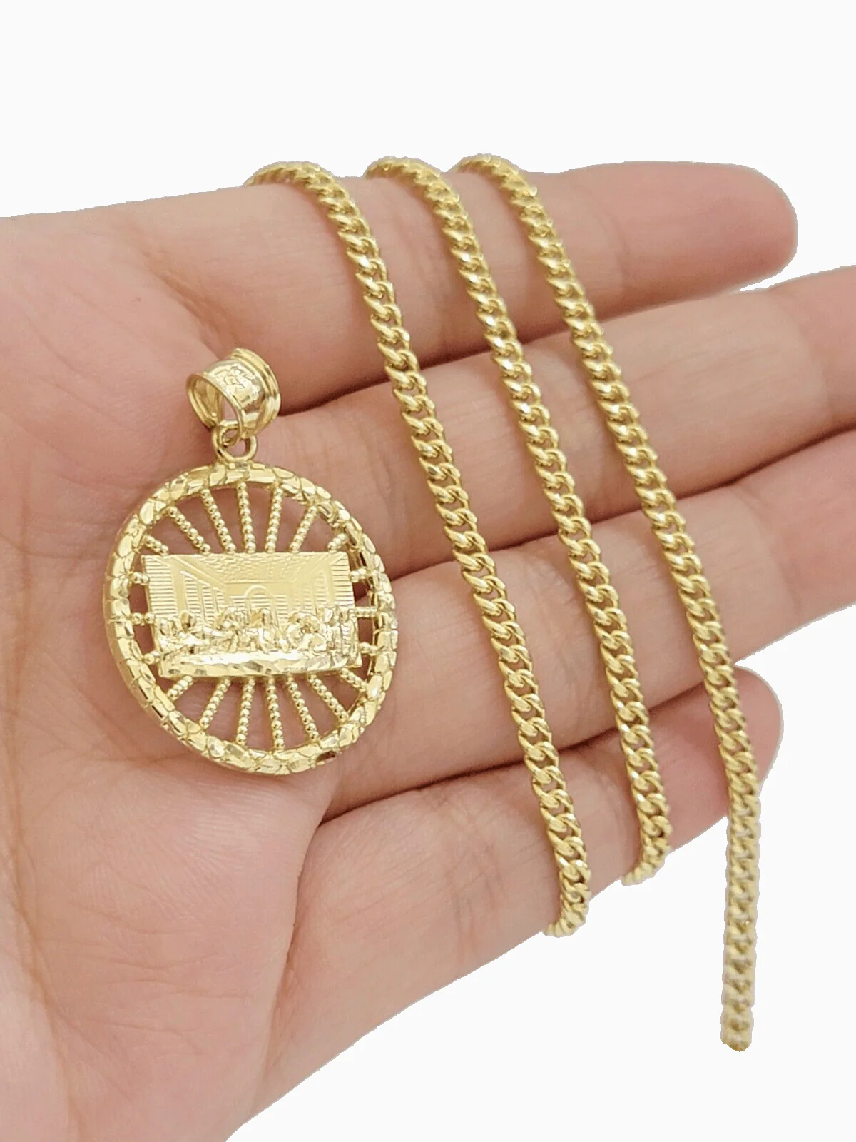 Real 10k Yellow Gold chain Charm Last supper Pendant set Miami Cuban 4mm 22 Inch - Image 7