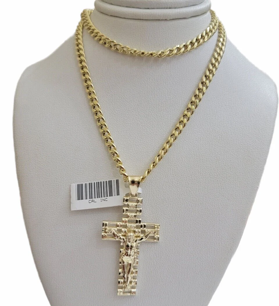 REAL 10k Yellow Gold Chain Cross Pendant Set Miami Cuban link Necklace 5mm 18-28 - Image 10