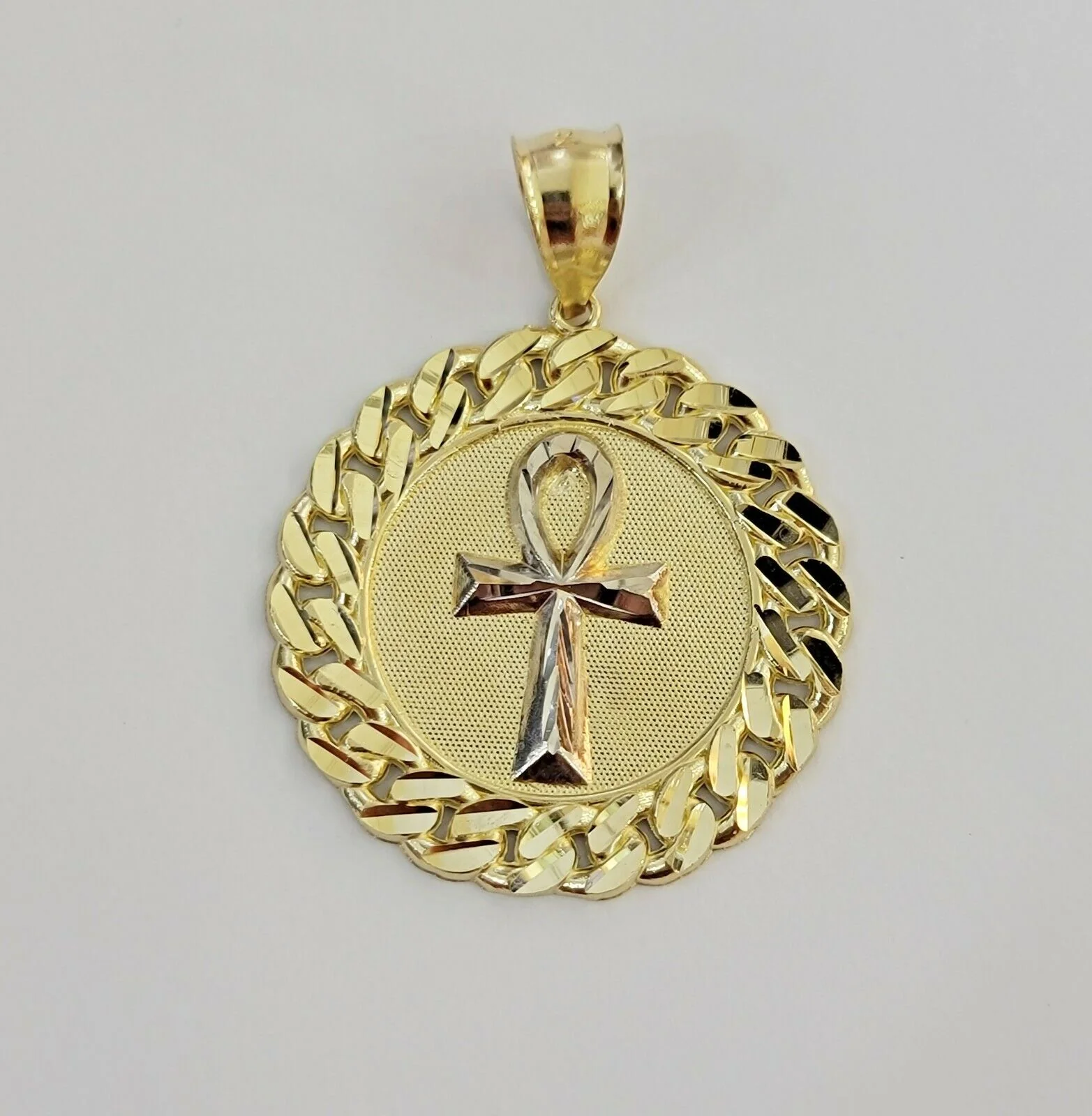 Real 10k Yellow Gold Charm Pendant Ankh Cuban Link Style Medallion Round 10kt - Image 6