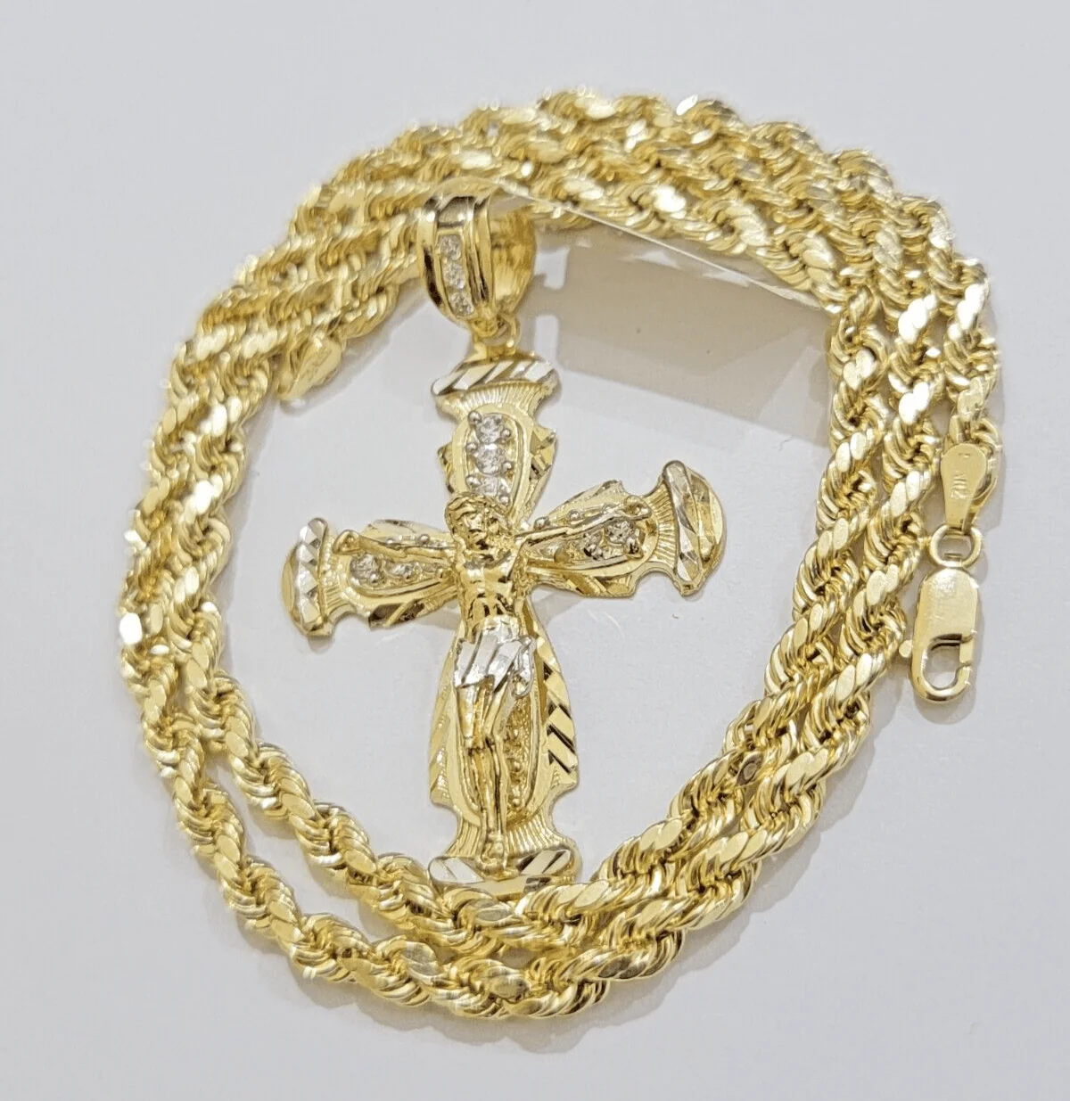 Real 10k Yellow Gold Cross Charm pendant Rope Chain Necklace 5mm 24" SET For Men - Image 4